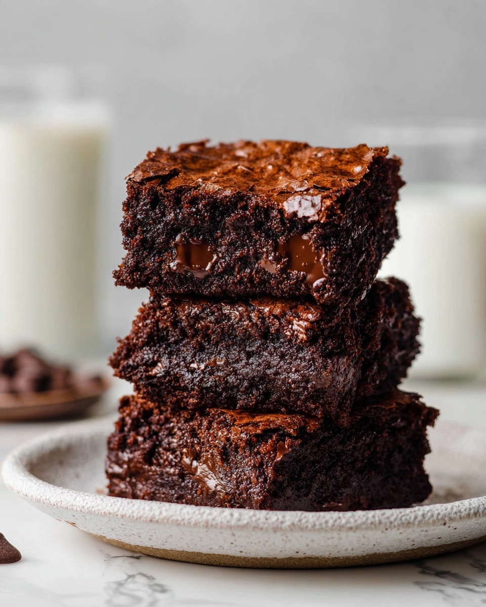 Three thick, dark brown chocolate brownies are stacked on top of each other on a white plate with a rough textured edge. The brownies show a rich, dense, and moist texture with small chunks of melted chocolate inside. The top surface of each brownie has a slightly cracked, crisp layer with a shiny finish. In the blurry background, two glasses of milk add a simple, clean contrast against the white marbled surface. photo taken with an iphone --ar 4:5 --v 7