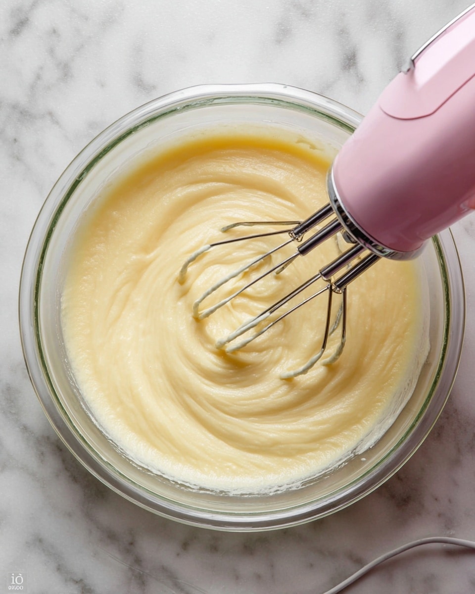 A clear glass bowl filled with a light yellow, smooth, and creamy batter being mixed by a pink electric hand mixer with metal beaters, the batter showing gentle swirls and soft texture. The bowl sits on a white marbled surface, with the focus on the batter and the mixer beaters creating motion in the center-right of the bowl. Photo taken with an iphone --ar 4:5 --v 7
