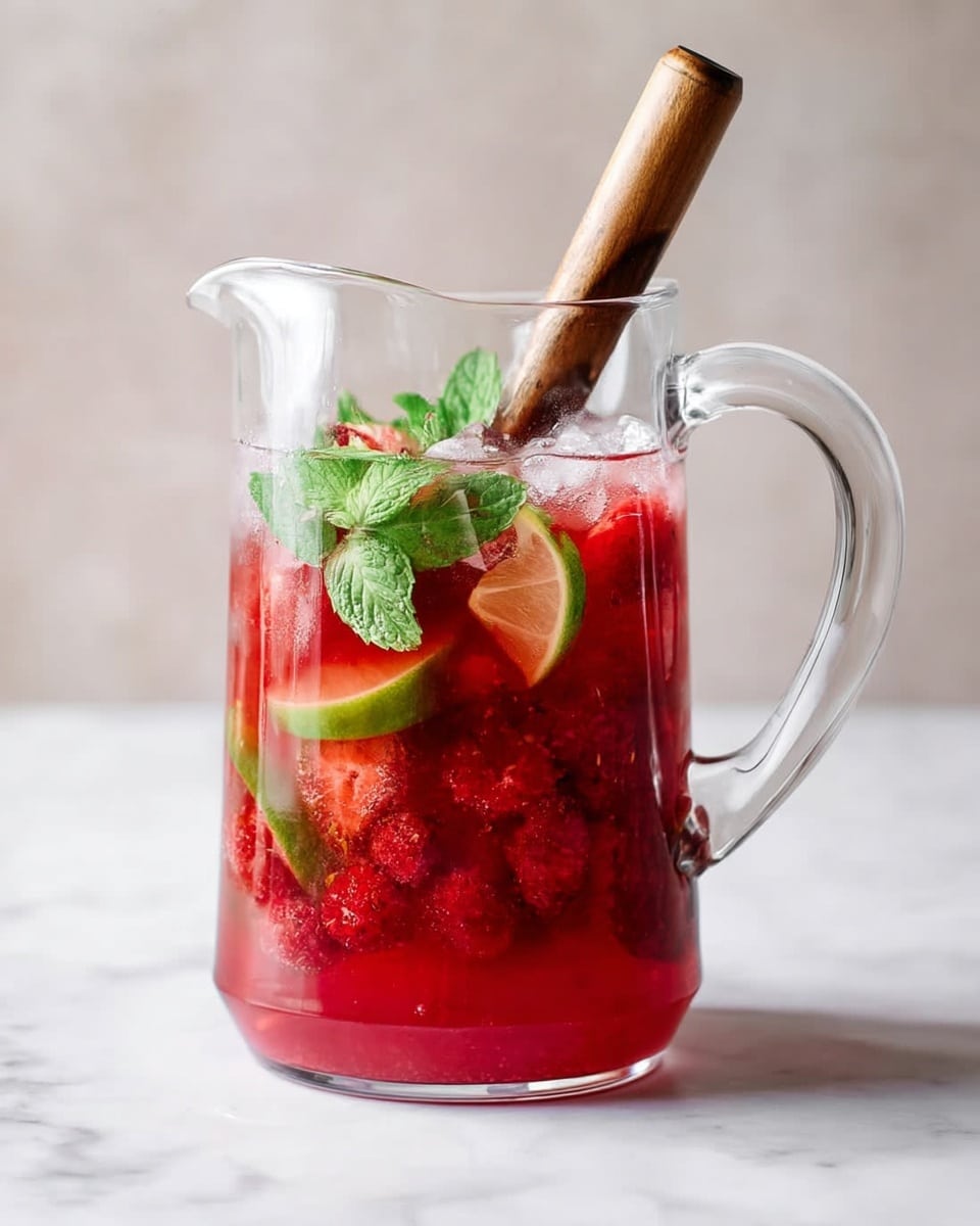 A clear glass pitcher is filled with a vibrant red drink containing visible layers of crushed raspberries and slices of lime at the bottom. Above this fruit layer is a mix of ice cubes and bright mint leaves floating near the top. A wooden muddler rests inside the pitcher, slightly tilted. The pitcher sits on a white marbled surface with a soft, neutral background. photo taken with an iphone --ar 4:5 --v 7