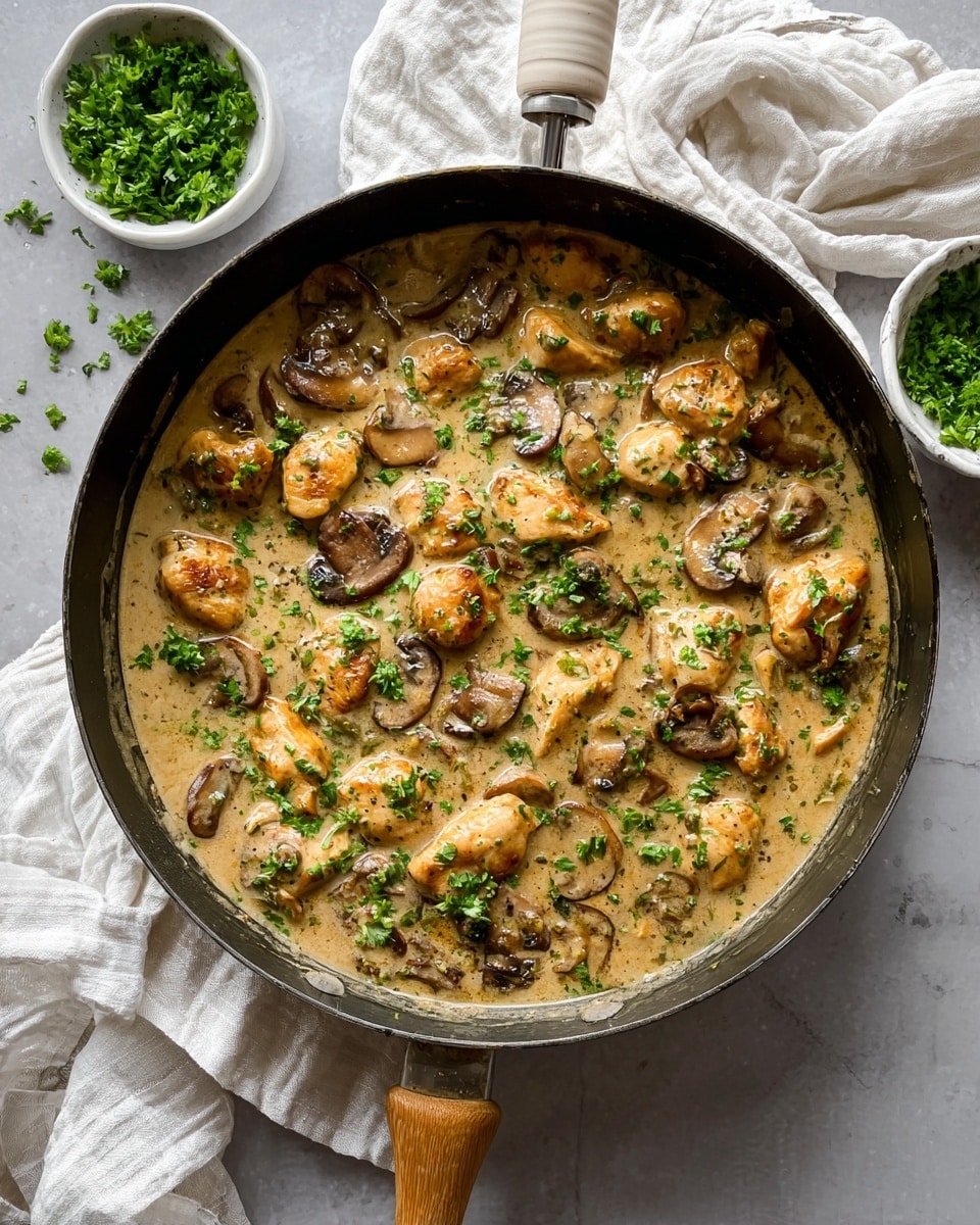 A deep black pan filled with a creamy light brown sauce with herbs mixed in, containing browned, tender chunks of chicken and sliced brown mushrooms scattered evenly throughout. The surface is garnished with small pieces of fresh green parsley. The pan sits on a soft white cloth on a white marbled textured surface, with a wooden spoon with a white striped handle resting beside it and a small white bowl filled with chopped fresh parsley in the background. Photo taken with an iphone --ar 4:5 --v 7