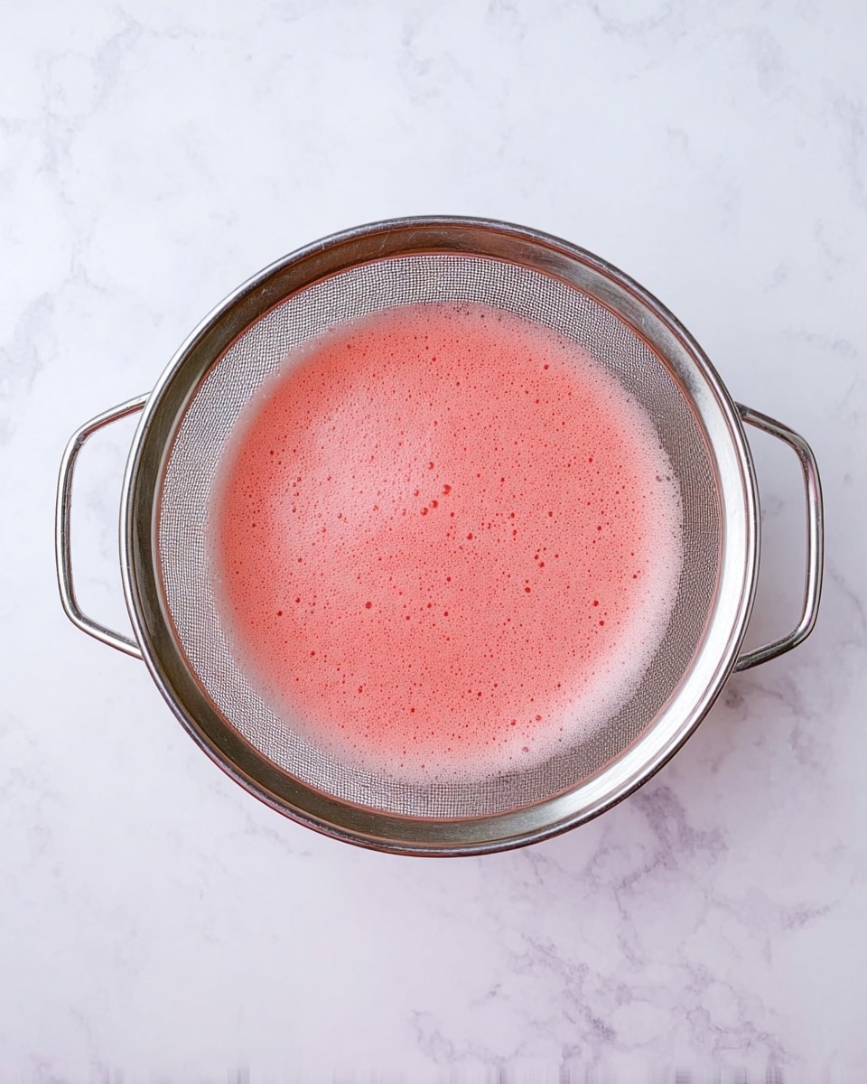 A round metal sieve with two small handles on either side sits on a white marbled surface. Inside the sieve, there is a layer of pinkish-red foam with a smooth texture and small bubbles spread evenly across the foam's surface. The foam forms a thin layer settled in the center of the sieve, showing a gradient of lighter pink fading slightly towards the edges. The metal mesh of the sieve is fine and visible, creating a grid pattern around the pink foam. photo taken with an iphone --ar 4:5 --v 7