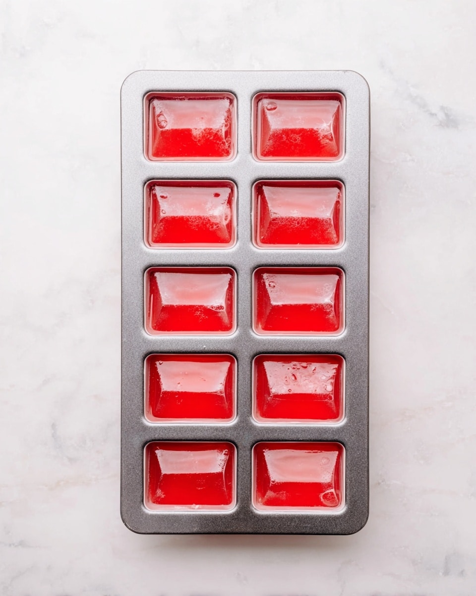 A rectangular metal ice cube tray with ten rectangular molds filled halfway with a bright red liquid. The liquid has a smooth surface with some bubbles scattered on top. The tray is placed on a white marbled surface, and the image is taken from above showing the entire tray clearly. photo taken with an iphone --ar 4:5 --v 7
