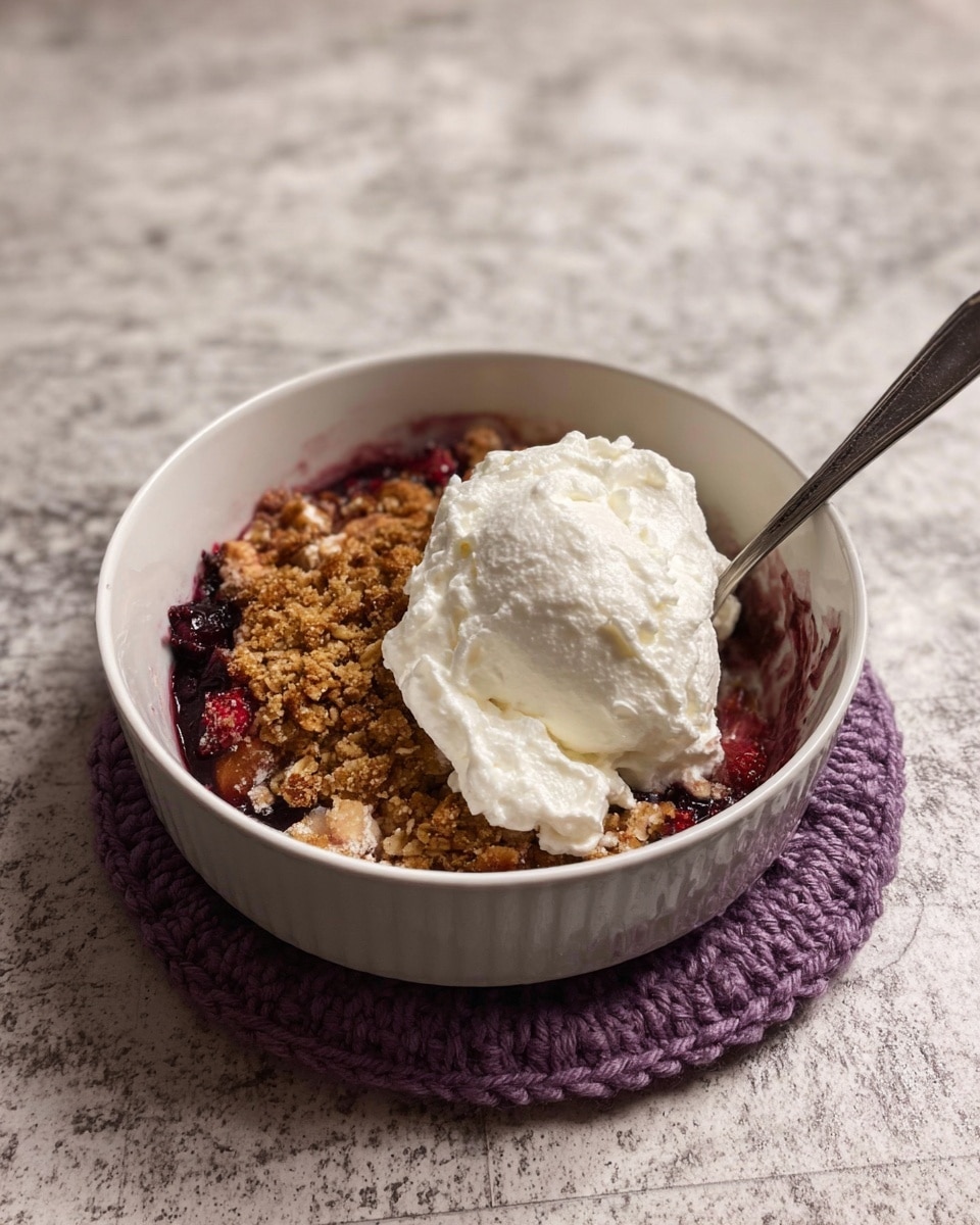 The image shows a white round bowl filled with a layered dessert. The bottom layer is dark purple, likely a fruit filling, topped with a thick layer of crunchy golden-brown crumble mixed with some small red bits. On top of the crumble is a large dollop of smooth, white whipped cream. A silver spoon is resting inside the bowl on the right side, with some whipped cream on it. The bowl sits on a purple knitted coaster, placed on a white marbled textured surface. Photo taken with an iphone --ar 4:5 --v 7