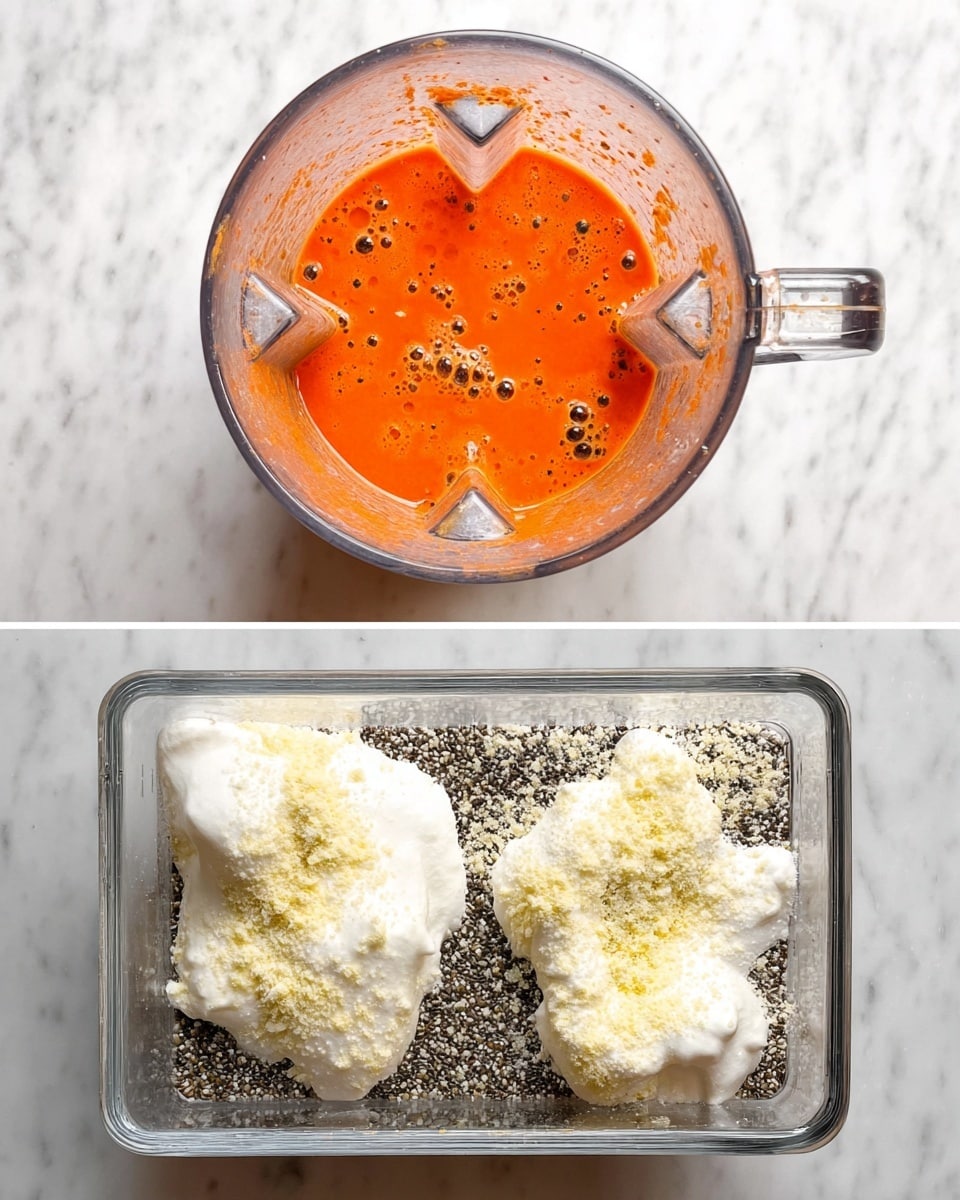 The first image shows a close-up view inside a clear blender with a small amount of orange-red liquid at the bottom, with tiny bubbles on its surface and bits of crushed seeds or pulp visible. The second image shows a clear rectangular container on a white marbled surface filled with a bottom layer of small black seeds, topped with dollops of thick white cream, and sprinkled with a fine pale yellow powder all over the cream and seeds. photo taken with an iphone --ar 4:5 --v 7