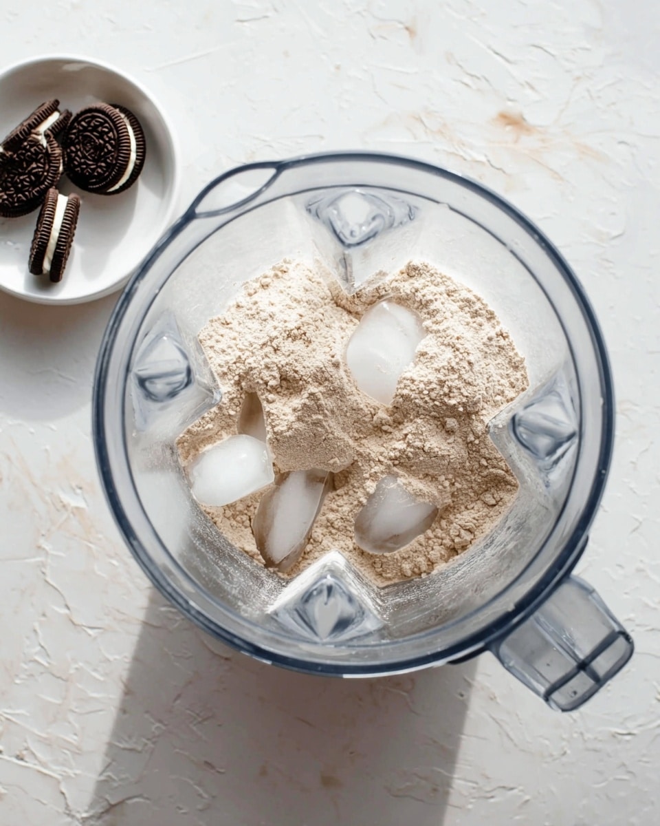 A clear blender jar is shown from above with a mix of beige powder and several ice cubes inside, all resting on a white marbled surface. In the background, a small white bowl contains broken chocolate sandwich cookies with cream filling. photo taken with an iphone --ar 4:5 --v 7