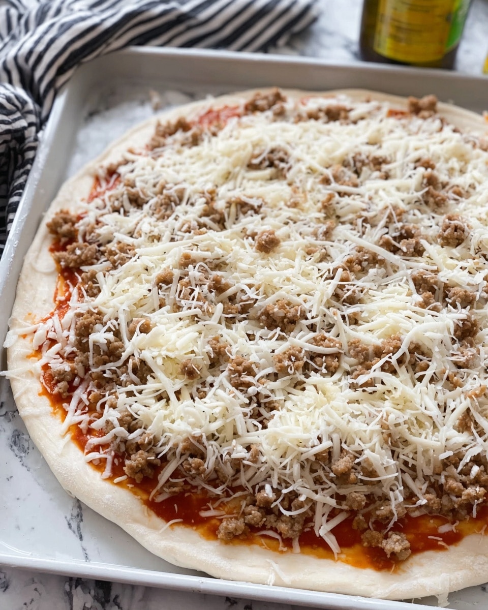 A close-up view of an uncooked pizza on a shallow white pan, placed on a white marbled surface. The pizza has three visible layers: the bottom layer is a light beige pizza dough with a soft, slightly rough texture; above that is a tomato sauce layer peeking through the toppings with a bright red color; on top, there is a generous layer of shredded white mozzarella cheese scattered evenly across the surface. Small pieces of browned ground meat are spread all over the cheese, adding a textured brown contrast. A striped cloth and a bottle are blurred in the background. Photo taken with an iphone --ar 4:5 --v 7