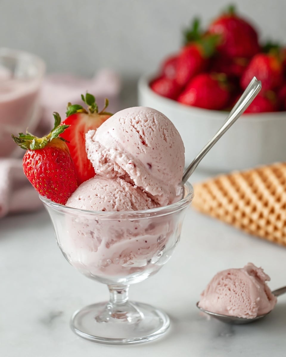 The image shows a glass dessert cup filled with two large scoops of pale pink strawberry ice cream with a smooth, creamy texture and small dark specks. On the left side of the cup, there are two fresh strawberry halves, vibrant red with green leafy tops, slightly leaning against the ice cream. In the background, there is a blurred bowl filled with whole strawberries showing bright red skin and green leaves, sitting on a white marbled surface. A silver spoon holds a small scoop of the same pink ice cream near the top right, slightly above the cup. To the back right, there is a blurry light brown waffle cone piece adding texture contrast. Photo taken with an iphone --ar 4:5 --v 7