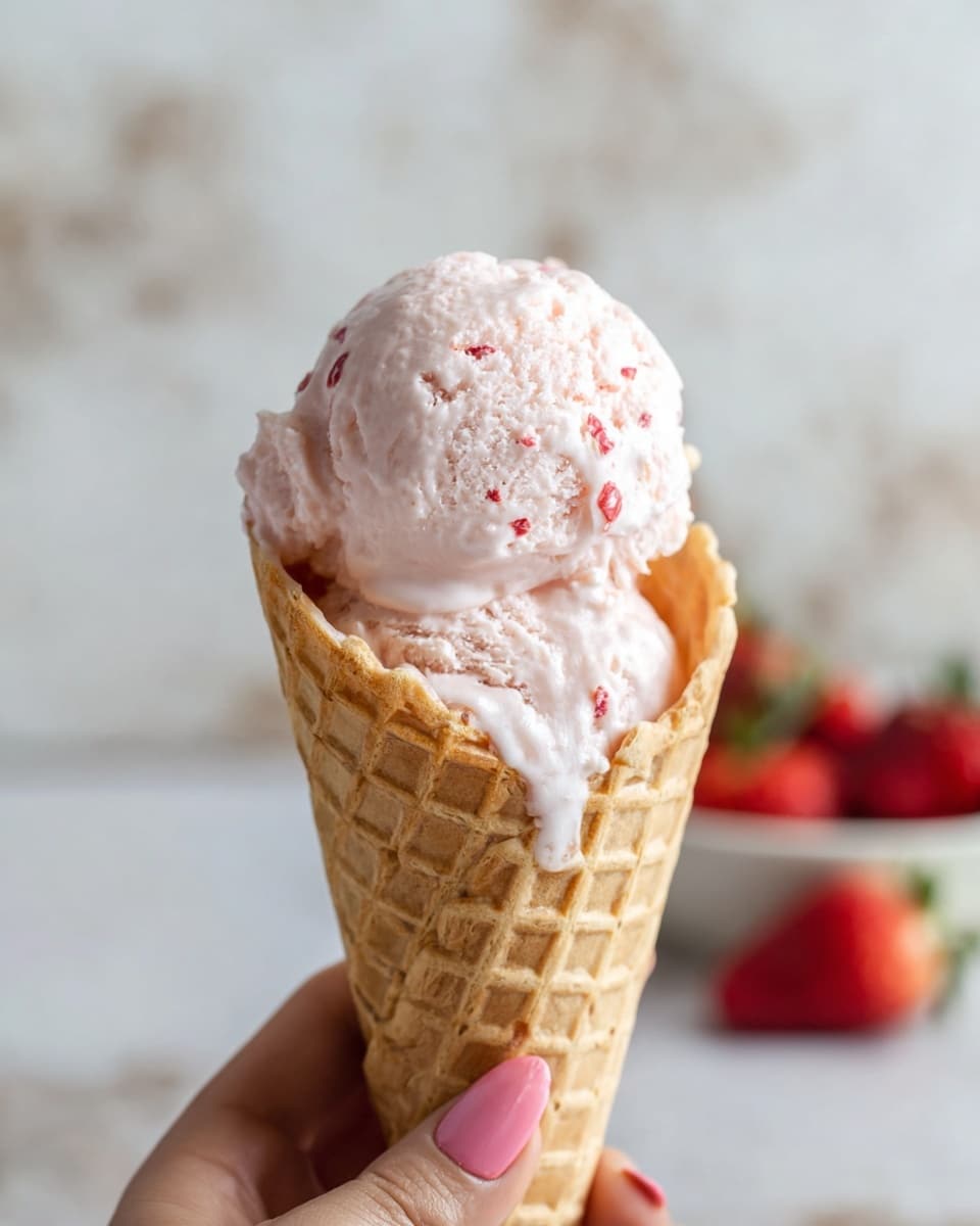 Two scoops of pale pink ice cream with small red bits on top of a light brown waffle cone, the ice cream slightly melting and dripping down the cone. The cone is held by a woman's hand with pink nails, and the blurry background shows a white marbled surface with hints of red and green, likely strawberries. The image has a soft, bright feel with the focus on the ice cream cone. photo taken with an iphone --ar 4:5 --v 7