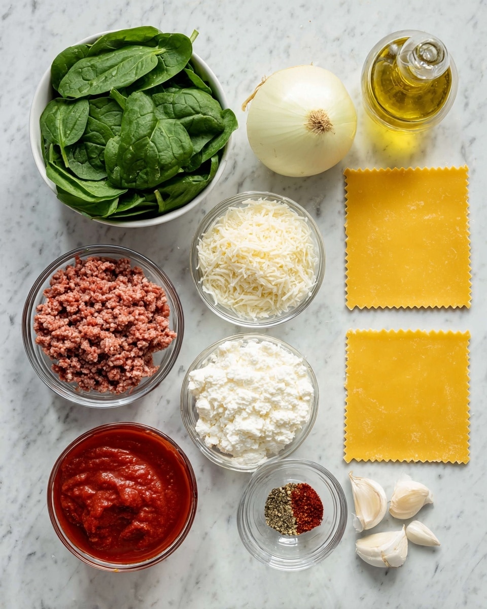 This image shows different ingredients placed neatly on a white marbled surface for making lasagna. There are three yellow dry lasagna sheets stacked on the right side. Around the sheets, there are small clear glass bowls holding grated white cheese, ground meat with a red color, white ricotta cheese, and grated Parmesan cheese. A whole white onion is placed near the middle. To the left, there is a bowl full of fresh green spinach leaves. Below the spinach bowl, there is a bowl of deep red tomato sauce next to a small bottle of clear olive oil. Above the onion, there is a tiny glass bowl with a mix of black pepper, salt, and crushed red chili flakes, along with two cloves of white garlic nearby. The setup is simple and organized, showing the fresh colors and textures of each ingredient clearly. photo taken with an iphone --ar 4:5 --v 7