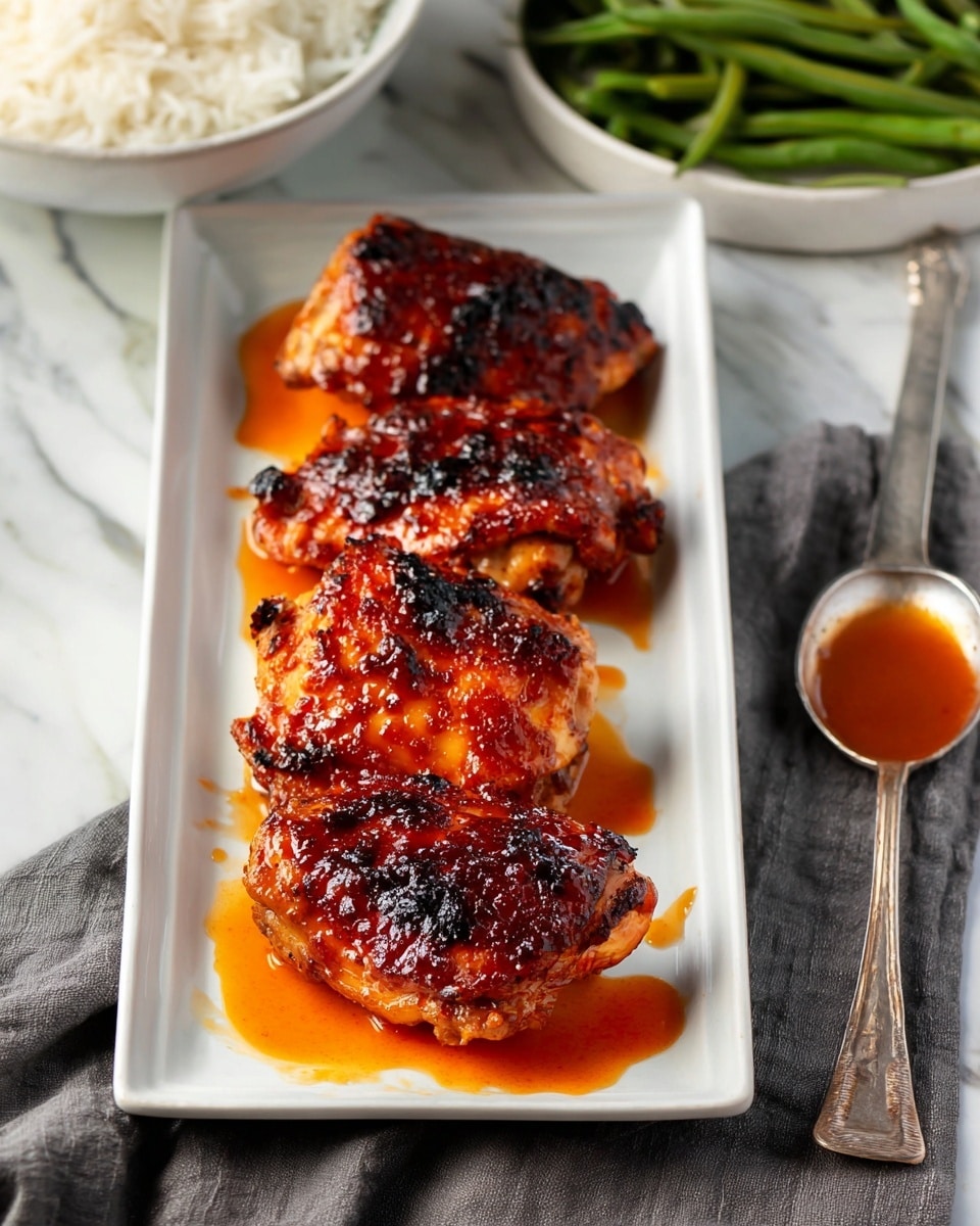 A rectangular white plate holds four pieces of grilled chicken thighs, each with a dark caramelized brown and reddish glaze showing a shiny, slightly sticky texture; the chicken is arranged in a single vertical line with some orange sauce dripping down the sides. To the right of the plate, a silver spoon rests with some reddish-orange sauce in its bowl. Partially visible around the plate are a white bowl of white rice on the lower left, a white bowl of green beans on the upper right, and a gray cloth napkin underneath the right side of the plate. The background is a white marbled texture. Photo taken with an iphone --ar 4:5 --v 7