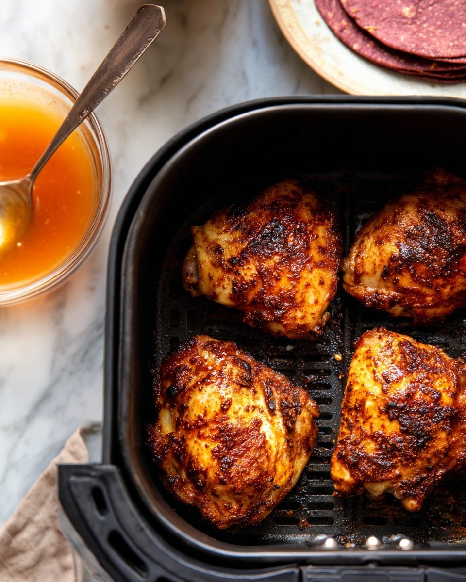 The image shows a black air fryer basket filled with three pieces of cooked chicken thighs with a dark brown, crispy skin and visible spices. To the top left, there is a clear glass bowl partly visible with an orange sauce and a silver spoon resting inside. In the upper right corner, there is a white plate with two reddish-brown tortillas stacked on top, all placed on a white marbled surface. photo taken with an iphone --ar 4:5 --v 7