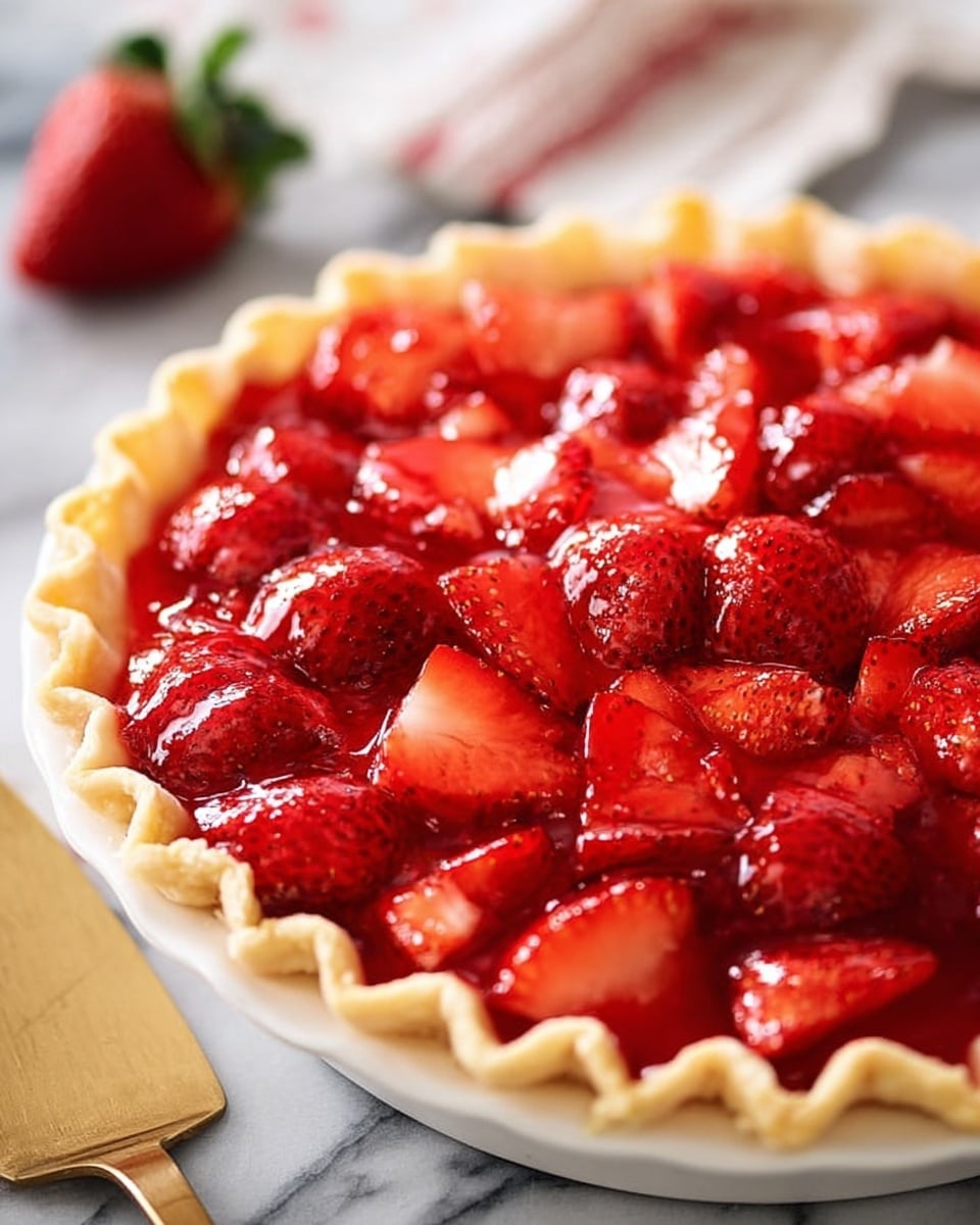 A close-up view of a strawberry pie with one visible layer. The pie has a golden-yellow crust with wavy edges all around, filling a white pie plate. The top layer is bright red strawberries, some halved and some whole, glistening with a shiny red glaze that makes them look fresh and juicy. The pie rests on a white marbled surface with a small strawberry in the background and a golden pie server on the side. Photo taken with an iphone --ar 4:5 --v 7
