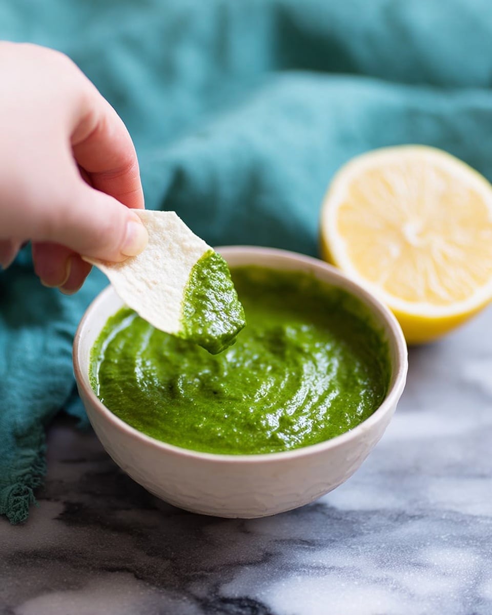 A close-up image shows a woman's hand holding a crisp, thin, white chip dipping into a thick, bright green sauce with a slightly chunky texture held in a simple white bowl. To the right of the bowl, there is a fresh yellow lemon half resting on a white marbled surface, which forms the background with a soft-focus blue-green cloth in the upper background. The contrast between the crisp white chip, vibrant green sauce, and soft white bowl creates a fresh, appetizing look photo taken with an iphone --ar 4:5 --v 7