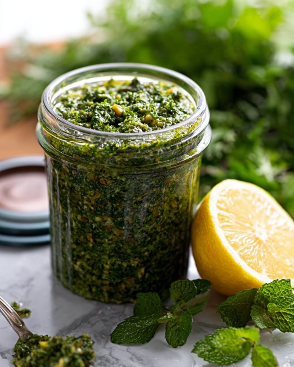 A glass jar filled with a thick green pesto sauce made of finely chopped herbs and nuts, showing small bits of ingredients inside. The jar is open, placed on a white marbled surface. Next to it, a bright yellow lemon cut in half sits on the right with some fresh green herbs nearby, adding freshness to the scene. The background is softly blurred but displays more green herbs, creating a natural and fresh atmosphere. Photo taken with an iphone --ar 4:5 --v 7