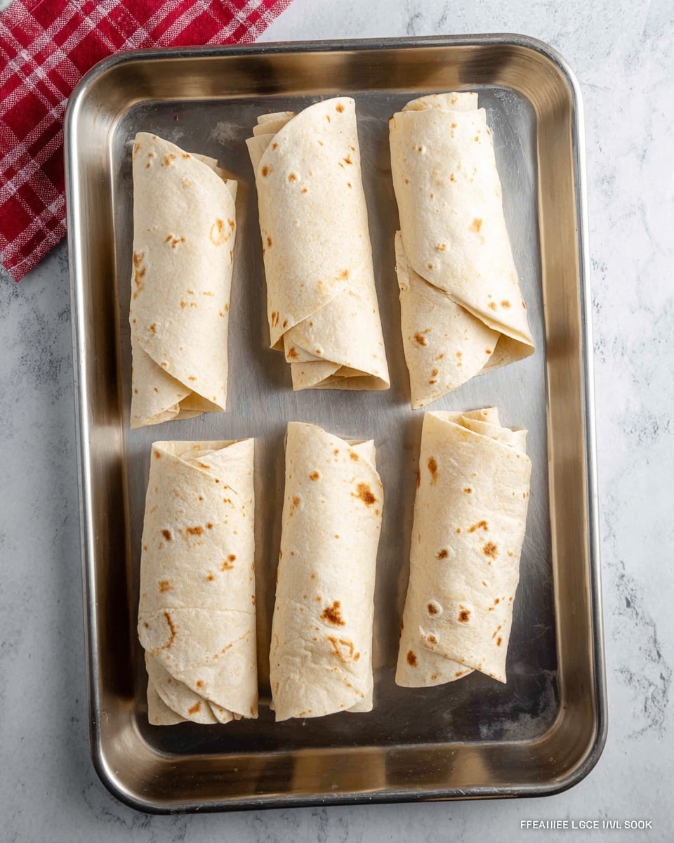 Six rolled tortillas are evenly placed on a shiny metal baking tray. Each tortilla is light beige with small, slightly darker brown spots, folded in varied simple ways with open ends tucked or overlapped, creating a soft texture. The tray sits on a surface with a white marbled texture, and a small part of a red and white checkered cloth is visible at the tray's top left corner. The overall look is neat and ready for baking or heating. photo taken with an iphone --ar 4:5 --v 7