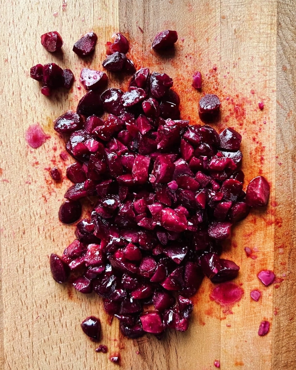 A pile of small, chopped dark red and shiny fruit pieces spread out on a light brown wooden cutting board with some juice stains around. The texture of the fruit is smooth and moist, showing varied sizes and shapes of the pieces. The background is a white marbled texture. photo taken with an iphone --ar 4:5 --v 7