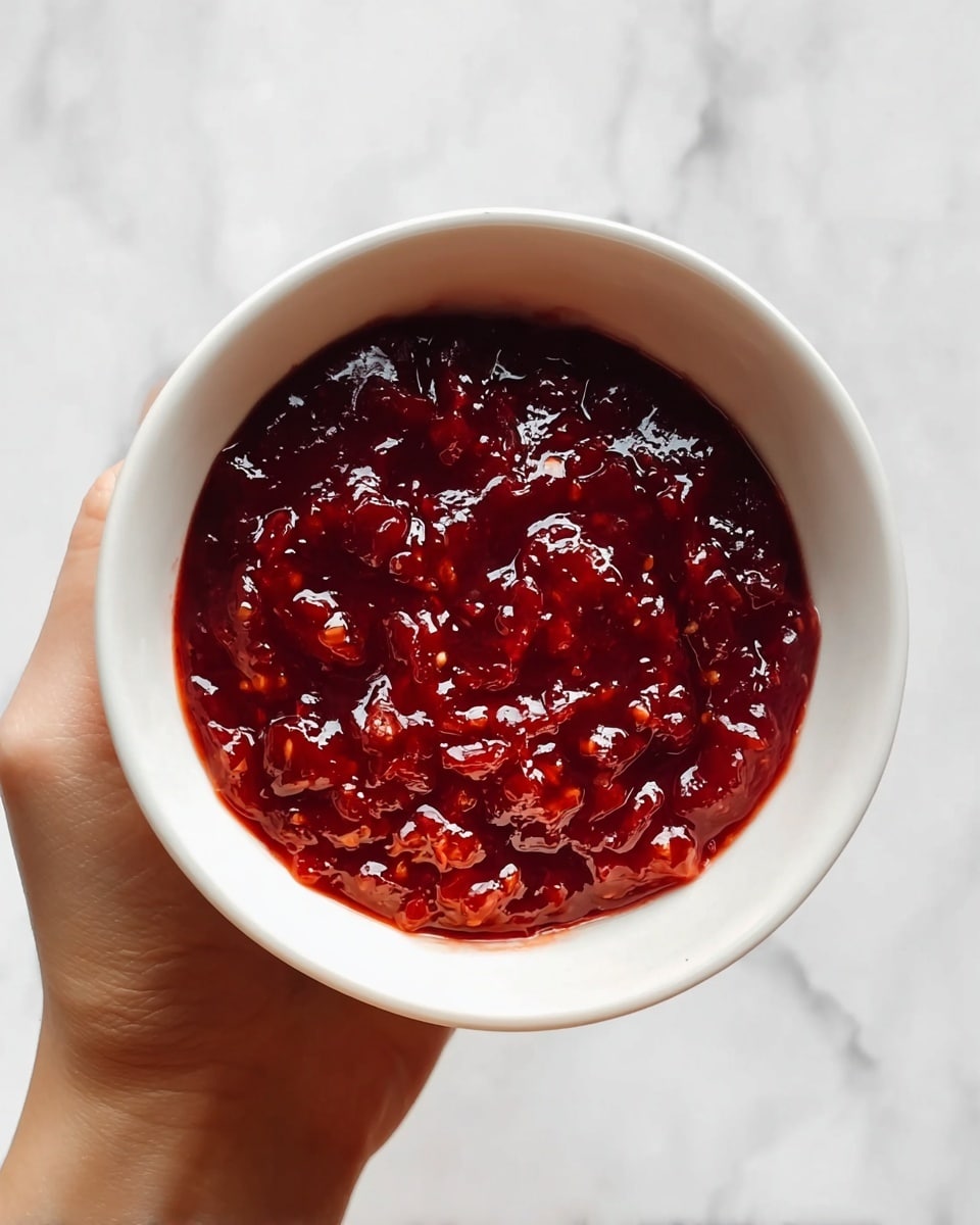 A close-up view of a white bowl filled with a shiny deep red chunky sauce or jam, showing a mix of small thick pieces and smooth in between, held by a woman’s hand from the bottom, with a white marbled background visible behind. photo taken with an iphone --ar 4:5 --v 7