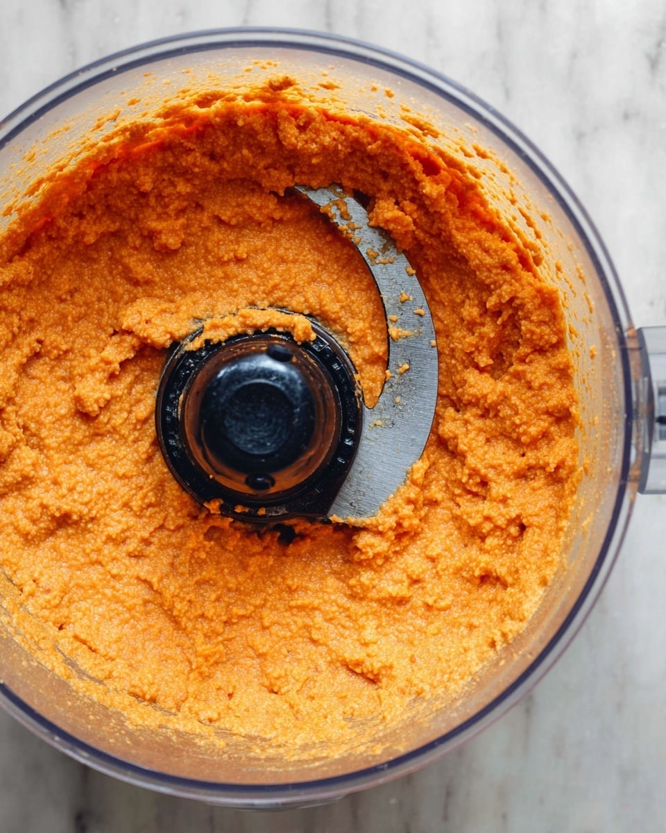 A top-down view of a clear food processor bowl filled with a thick, orange mixture that has a slightly coarse texture. Inside the bowl, a curved metal blade with a black center sits in the middle, slightly covered in the orange mixture. The food processor is placed on a white marbled surface. The orange mixture evenly coats the sides of the transparent bowl, giving it a creamy and textured look. photo taken with an iphone --ar 4:5 --v 7