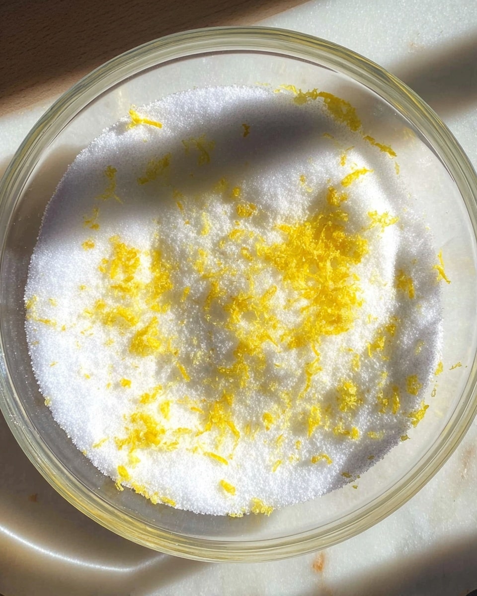 A clear round bowl filled with a single layer of fine white granulated sugar with small, uneven bright yellow lemon zest pieces scattered on top, sitting on a white marbled texture surface with sunlight casting soft shadows across the bowl and sugar, photo taken with an iphone --ar 4:5 --v 7