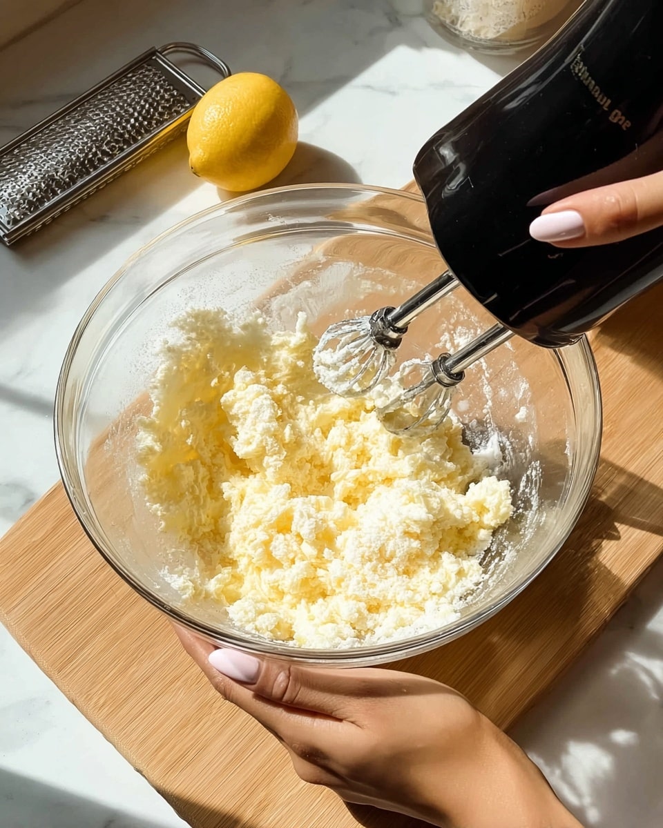 A clear glass bowl sits on a light wooden board placed over a white marbled surface. Inside the bowl, soft pale yellow cream cheese and granular white sugar are mixed together, showing a crumbly texture. Two metallic beaters from a black KitchenAid hand mixer are partially submerged in the mixture, actively blending the ingredients. A woman's left hand holds the bowl steady, with neatly painted light pink nails visible. Behind the bowl, a bright lemon and a small grater rest on the white marbled background, both catching sunlight that casts soft shadows across the scene. The photo is brightly lit and shows a close-up view of the mixing process. photo taken with an iphone --ar 4:5 --v 7