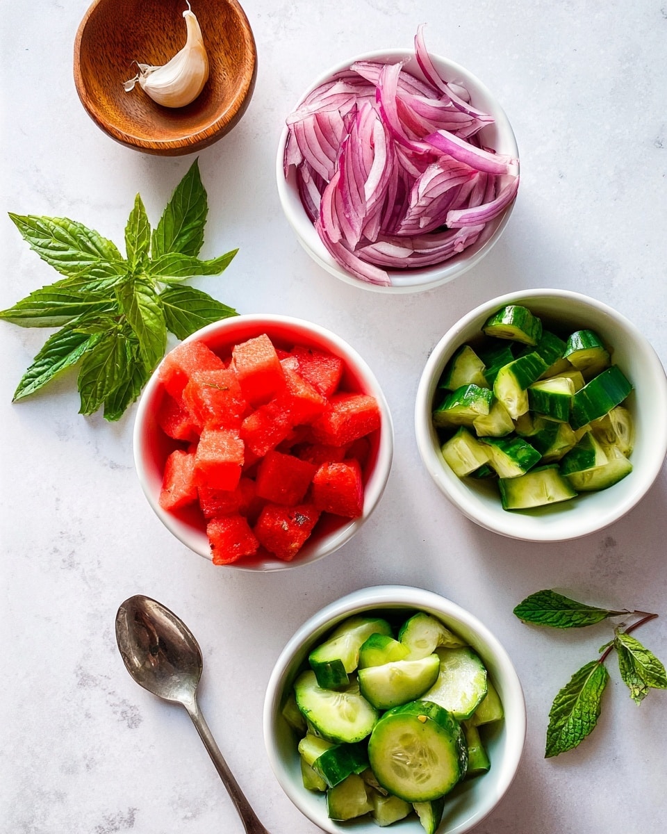 The image shows five small white bowls placed on a white marbled surface. The top right bowl has layers of thinly sliced purple-red onion with white accents. The center bowl holds bright red watermelon cubes, juicy and slightly shiny. The bottom right bowl contains fresh, green cucumber slices with light green centers. The bottom left bowl is filled with chopped red bell pepper pieces, varied in size and bright in color. At the top left corner, there is a small wooden bowl with a single garlic clove, beige with light brown streaks. Fresh green basil and mint leaves are scattered around the bowls, adding a natural touch. A silver spoon with slight reflections lies at the bottom left. Photo taken with an iphone --ar 4:5 --v 7