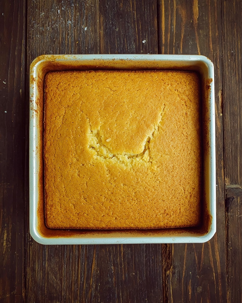 A square baked cornbread sits inside a white square baking pan with browned edges and some light scratches. The cornbread is golden brown with a slightly cracked surface in the middle, showing a soft texture beneath. The baking pan is placed on a dark wooden surface with visible grain and small imperfections. The photo taken with an iphone --ar 4:5 --v 7