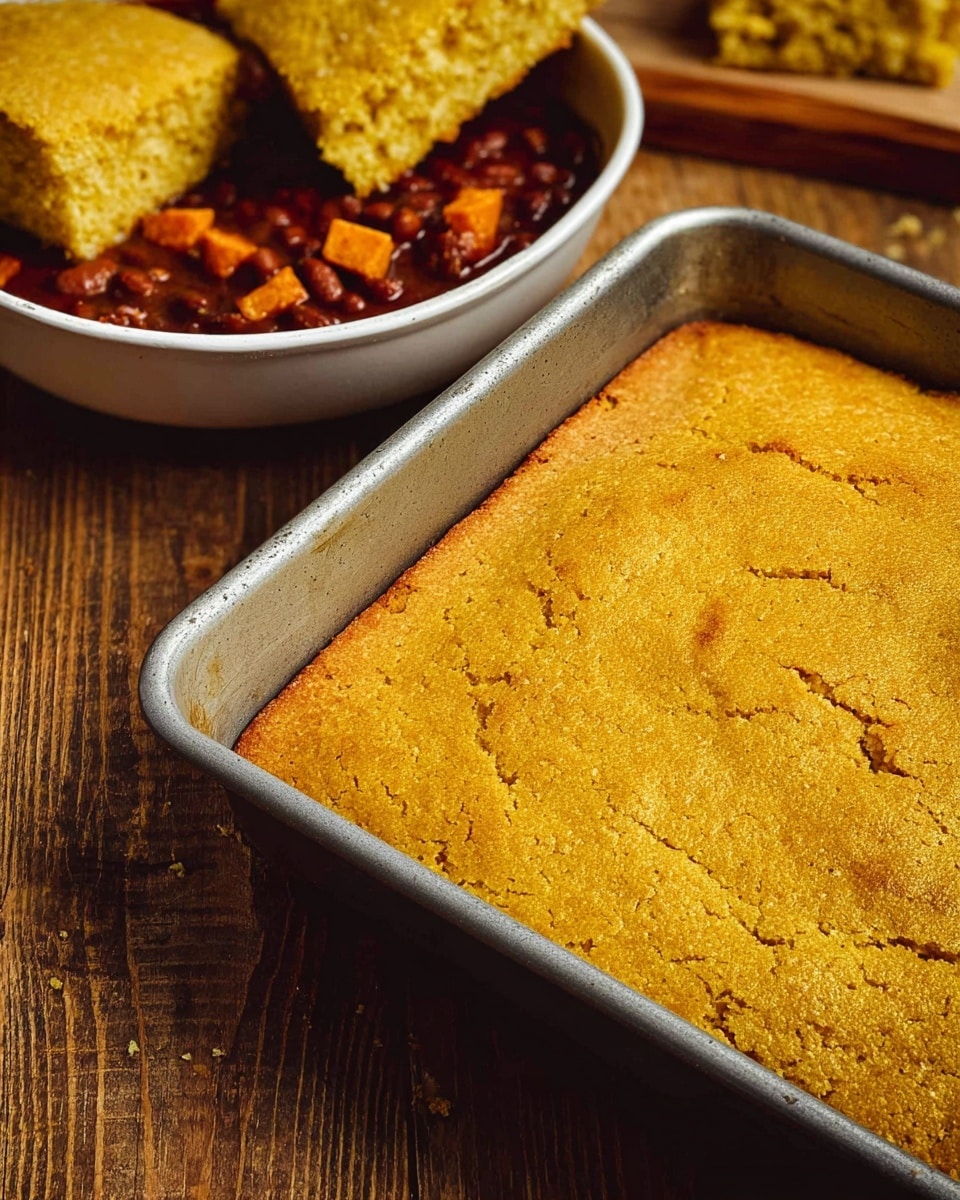 The image shows a golden-brown baked cornbread in a square metal pan, with a slightly cracked top layer that looks dry and crumbly. Behind the pan, there is a white bowl filled with dark brown chili that has visible chunks of orange sweet potatoes, and two triangular pieces of cornbread resting on the edge of the bowl. The wooden surface under the pan and bowl gives a rustic feel. photo taken with an iphone --ar 4:5 --v 7
