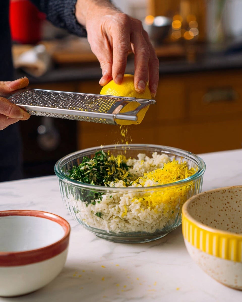 In a clear glass bowl placed on a white marbled surface, there is a layered mixture with a bottom layer of white rice or cauliflower rice, topped with a bright green herb or spinach mixture on one side, and a vibrant yellow lemon zest pile on the other side. A woman's hand is holding a lemon above the bowl while zesting it with a metal grater, with small lemon zest pieces falling into the bowl. Around the glass bowl are two white bowls, one with a red rim and the other plain white, and a yellow speckled bowl with a white rim, all sitting on the white marbled surface. The background shows a slightly blurred kitchen setting with warm lighting. Photo taken with an iphone --ar 4:5 --v 7