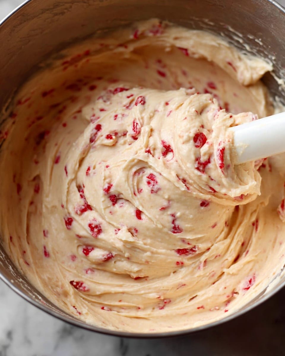 A close-up view of a bowl filled with creamy, light beige dough mixed with small bright red bits evenly spread throughout. The dough looks smooth and thick with soft, swirling textures created by a white spatula lifting a dense scoop from the center. The bowl itself is metallic with a slight shine, and everything is placed on a white marbled surface. The overall image captures the rich and creamy texture of the dough with the vibrant red pieces standing out clearly. photo taken with an iphone --ar 4:5 --v 7