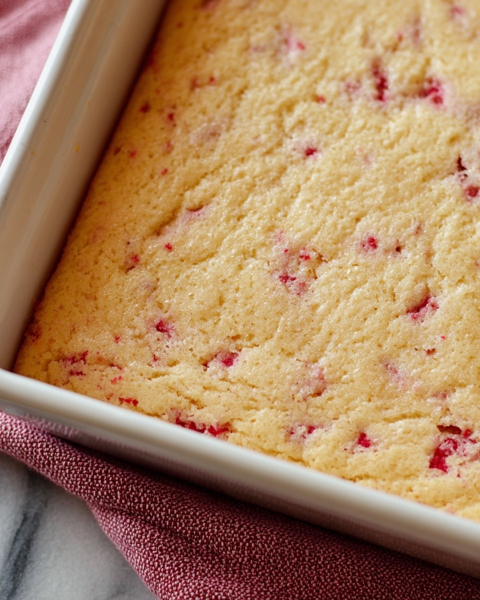 A close-up view of a cake layer baked in a white rectangular pan. The cake surface is light golden brown with a soft, uneven texture and small red bits spread evenly throughout. The pan sits on a textured pink cloth, and the background shows a white marbled texture slightly out of focus. photo taken with an iphone --ar 4:5 --v 7