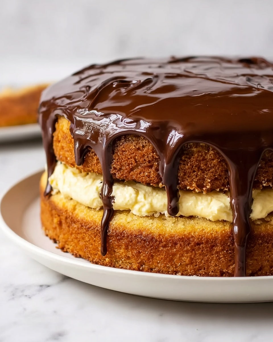The image shows a two-layer cake placed on a white plate, sitting on a white marbled surface. The bottom and top layers of the cake are golden brown with a slightly rough texture. Between the two layers is a creamy, pale yellow filling that looks smooth and soft. The top layer is covered with thick, dark chocolate glaze that drips down unevenly over the edges of the cake, creating shiny streaks on the sides. The overall look is rich and moist, with the chocolate glaze contrasting the lighter cake and filling. photo taken with an iphone --ar 4:5 --v 7