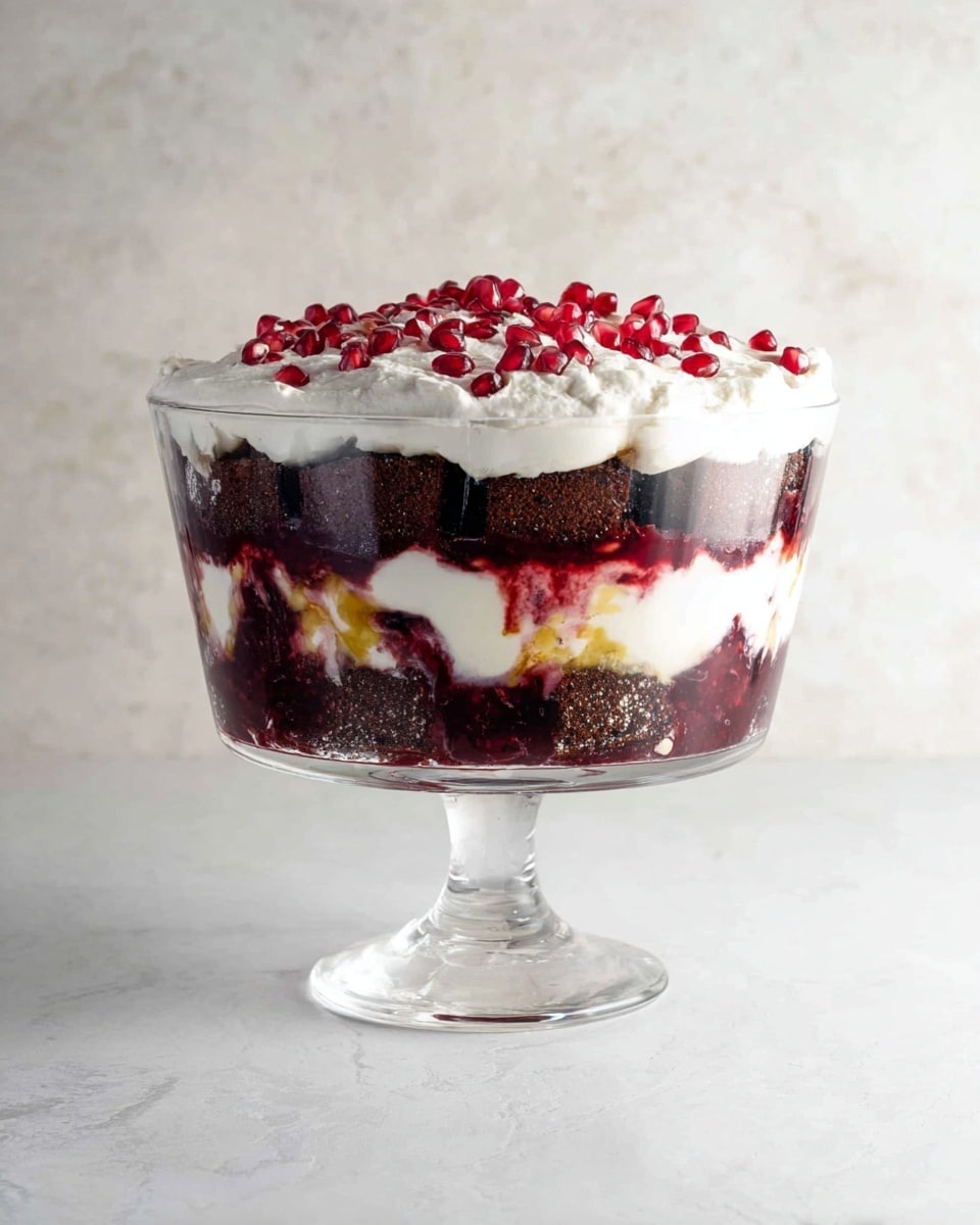 This dessert is in a clear glass bowl on a stem. It has four visible layers: the bottom layer is dark brown cake pieces, above that a thick white cream layer, then a deep red fruit sauce with some yellow spots, followed by another dark brown cake layer, a second thick white cream layer, and the top is a fluffy white cream with shining red pomegranate seeds scattered on it. The bowl sits on a white marbled surface with a light textured white background. photo taken with an iphone --ar 4:5 --v 7