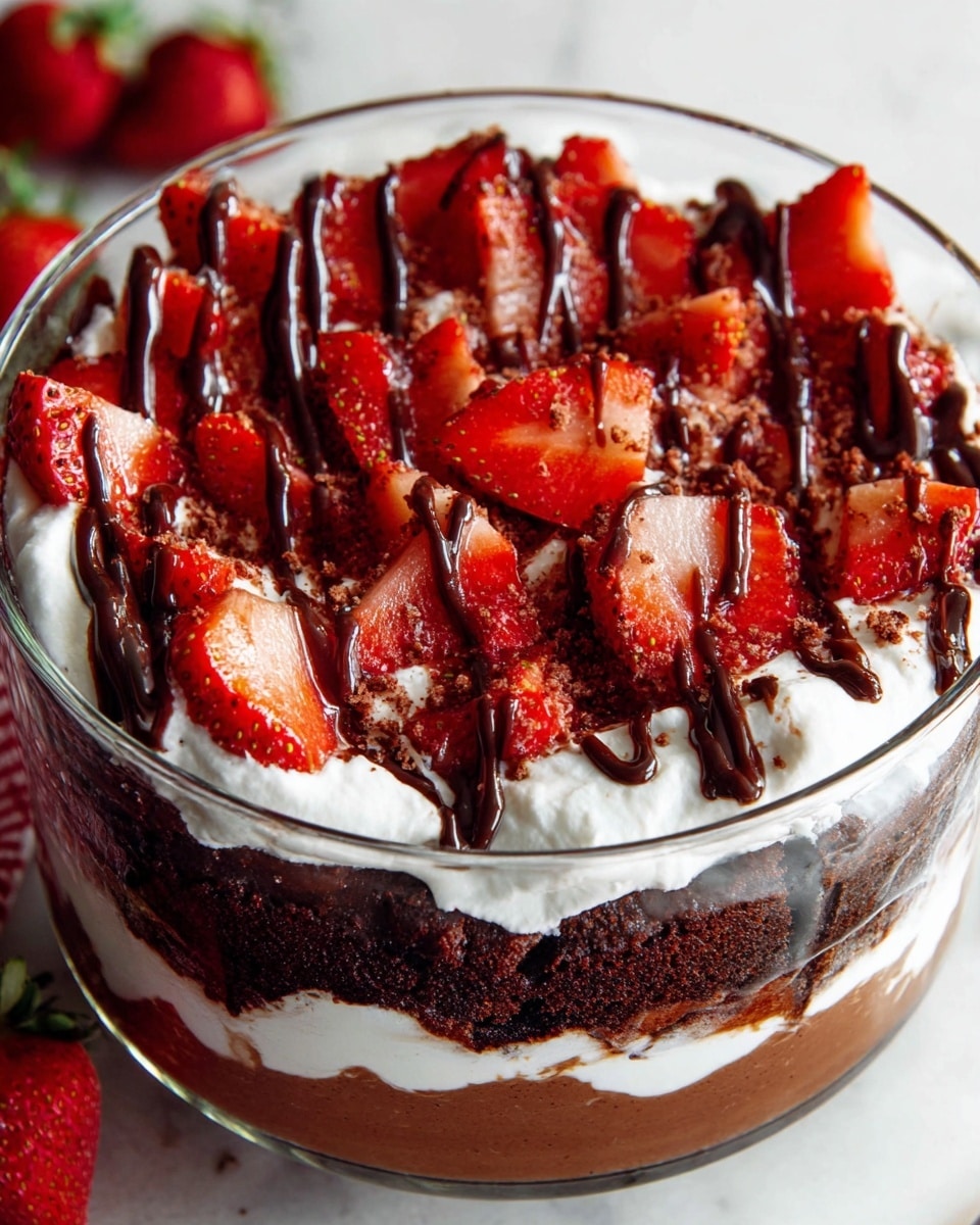 The image shows a dessert in a clear glass bowl with multiple layers. The base layer is dark brown chocolate cake pieces with a rough, crumbly texture. Above this is a thick, smooth chocolate pudding layer that is darker brown and shiny, spread evenly. Next is a clean white layer of whipped cream, soft and fluffy, topped with bright red sliced strawberries evenly placed all over. The dessert is finished with thin streams of glossy dark chocolate sauce drizzled across the top. The bowl sits on a white marbled surface with some strawberries blurred in the background. Photo taken with an iphone --ar 4:5 --v 7