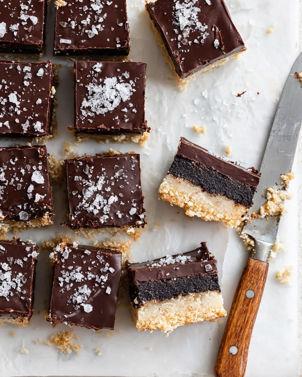 The image shows a group of square dessert bars on a white marbled surface, each with three clear layers: the bottom layer is a crumbly, light beige crust with a rough texture; the middle layer is a dark, dense, and moist chocolate cake; the top layer is a smooth, thick dark chocolate glaze adorned with coarse sea salt flakes scattered on the surface. Some bars have been cut and one piece shows a bite taken from it, revealing the distinct layers inside. To the right of the bars, a butter knife with a wooden handle is placed on the surface, covered lightly with crumbs from the dessert. photo taken with an iphone --ar 4:5 --v 7