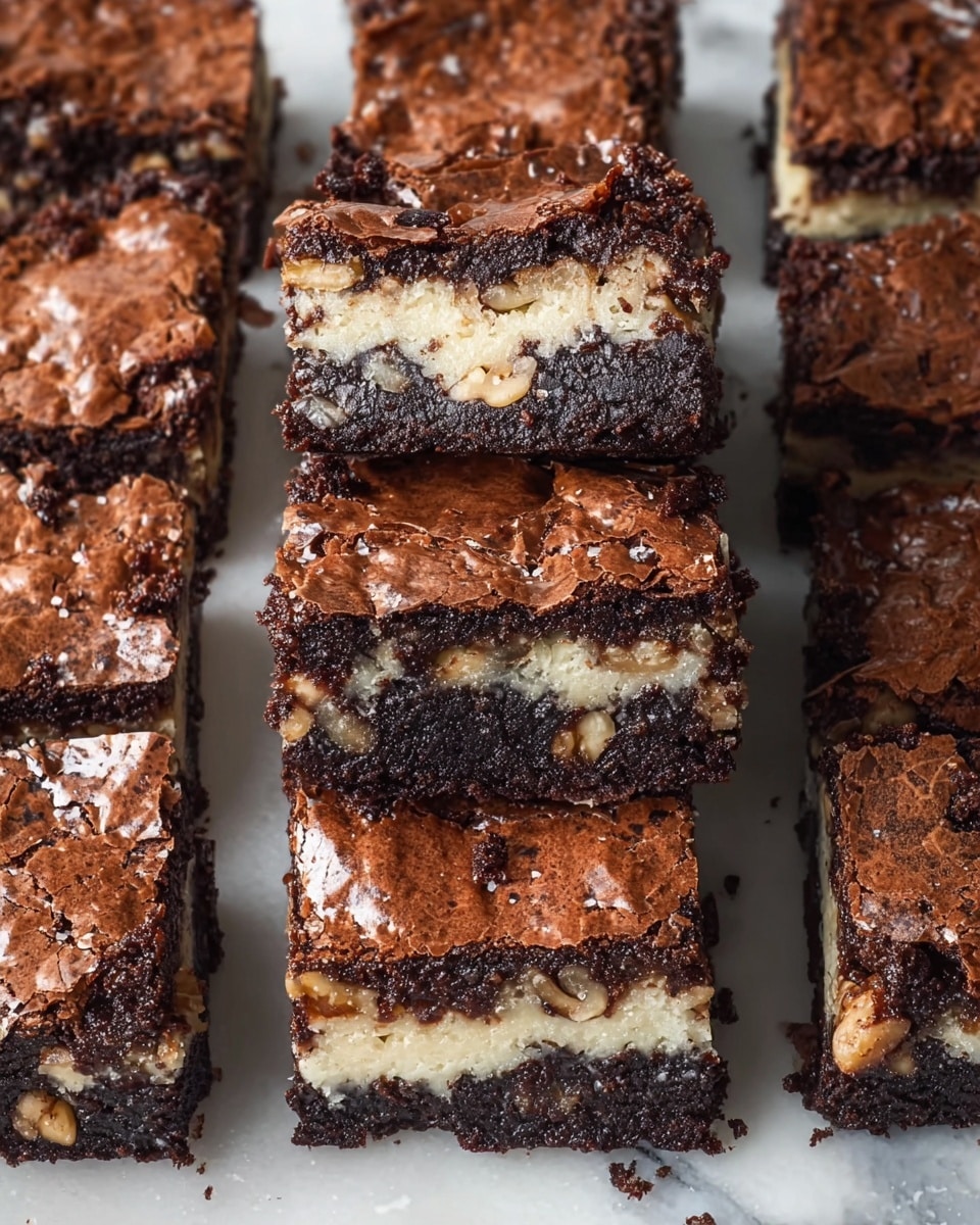 The image shows several square brownies arranged closely on a white marbled surface. Each brownie has two layers: a thick, light cream-colored base filled with bits of walnuts, and a darker, rich chocolate top layer with a cracked, slightly shiny crust. Some brownies are stacked to show the inside layers clearly. The brownies have rough edges and a dense texture. Photo taken with an iphone --ar 4:5 --v 7