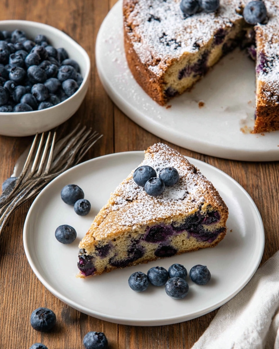 A white plate holds a single slice of blueberry cake with a golden brown crust, sprinkled with powdered sugar on top, and several plump blueberries resting on the powdered sugar and around the slice. The cake has a thick layer showing a moist texture with embedded dark purple blueberries inside. To the side, the rest of the round blueberry cake sits on another white plate, also dusted with powdered sugar, showing a crumbly top and light brown edges. There is a bowl full of fresh blueberries to the left and a couple of silver forks resting on the white marbled surface, with a white cloth napkin in the lower right corner. Several loose blueberries are scattered on the wooden table around the plates. photo taken with an iphone --ar 4:5 --v 7