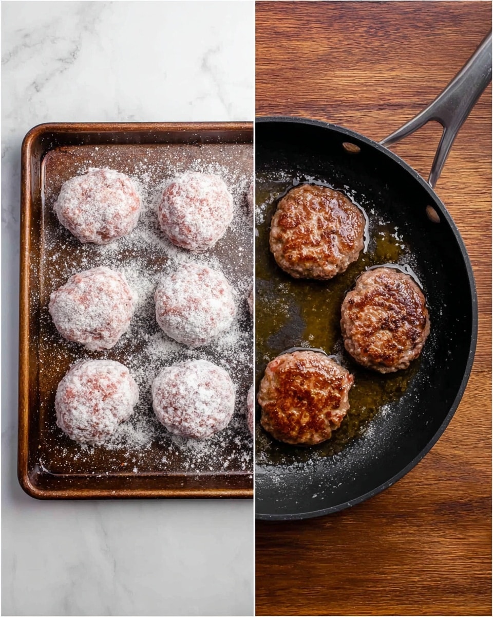 The image shows two scenes side by side on a white marbled surface. On the left side, there is a baking sheet with eight round raw patties arranged in two columns of four, each patty coated with a light white powder, showing a rough texture with pink and white colors mixed. On the right side, a black frying pan holds three cooked patties with a brown, slightly crispy surface sizzling in oil. The pan handle is visible at the bottom center, and the wooden floor background replaces the surface under the pan. photo taken with an iphone --ar 4:5 --v 7