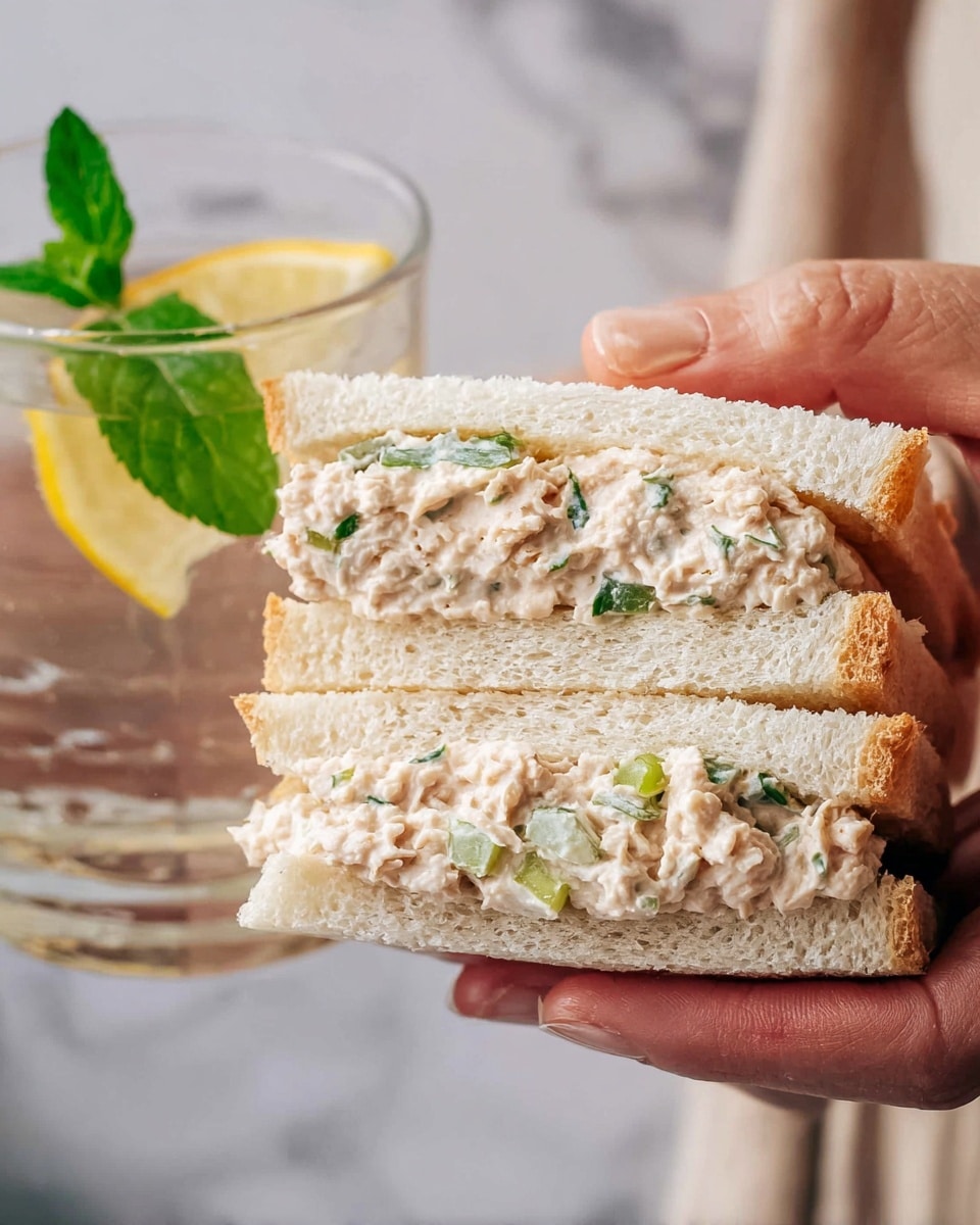 The image shows a close-up of a woman’s hand holding two triangular sandwich halves stacked together, with light, fluffy white bread on the outside. Inside, there are two layers of creamy tuna salad mixed with small bits of green herbs and celery, adding texture and small pops of green color. The sandwich layers are thick and soft, with a moist filling that contrasts with the smooth white bread. In the background, the woman’s other hand holds a clear glass of water garnished with a fresh green mint leaf and a small slice of lemon. The setting has a clean, white marbled surface with soft, natural lighting. Photo taken with an iphone --ar 4:5 --v 7