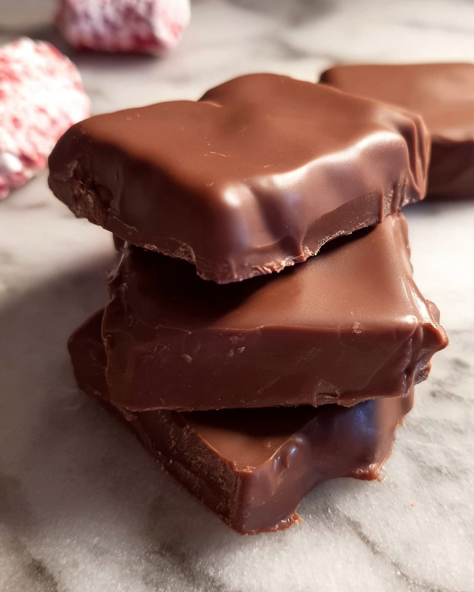 The image shows four square chocolate pieces stacked and lying on a white marbled surface. Each piece has a smooth, shiny outer layer of milk chocolate with slight wrinkles and soft edges. The chocolates appear thick and solid, with a rich brown color. In the background, there is a glimpse of a white and pink textured candy and another chocolate piece, slightly blurred. The lighting highlights the smooth texture and slight glossiness of the chocolate. photo taken with an iphone --ar 4:5 --v 7