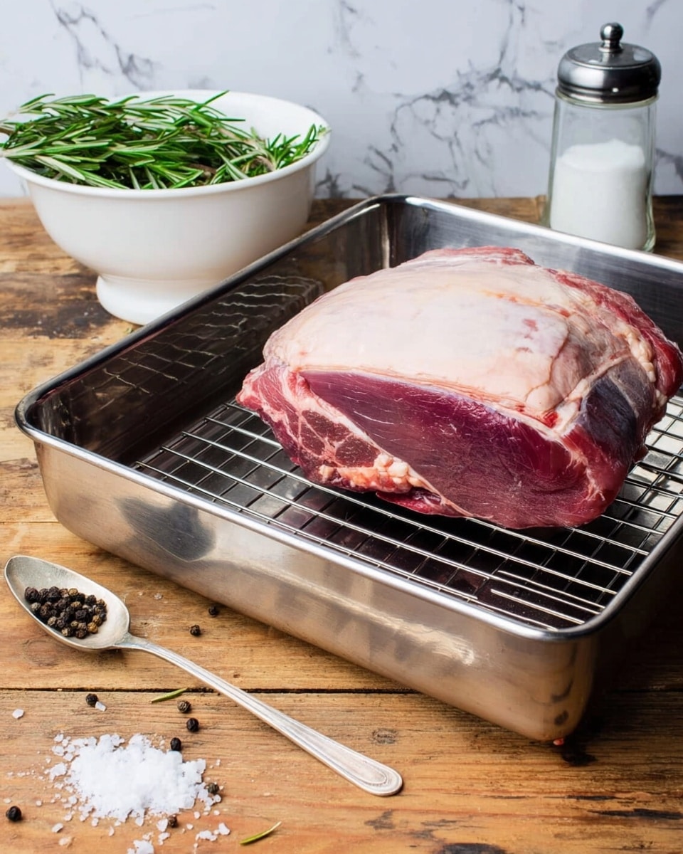 A large raw piece of meat with light pink fat and deep red muscle rests on a metal wire rack inside a shiny roasting pan. To the left, a white bowl holds fresh green rosemary sprigs. In front, a silver spoon with three black peppercorns lies on a wooden surface with scattered salt crystals and peppercorns. A white mortar with salt and a transparent pepper grinder are also on the right side. The background is a white marbled texture. photo taken with an iphone --ar 4:5 --v 7
