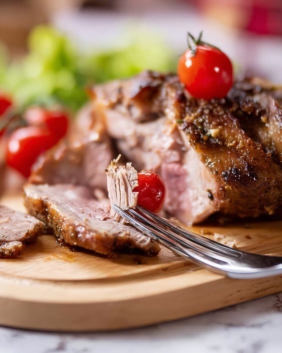 The image shows a close-up of sliced roasted meat on a light wooden board placed on a white marbled surface. The meat has a browned, seasoned outer crust and a pinkish inside, with soft textures visible. A fork is holding up a piece of the pink meat, showing its tenderness. There is a small bright red cherry tomato on top of one meat slice, and blurred green lettuce and more cherry tomatoes in the background. The overall scene features warm, natural colors with a focus on the juicy meat. photo taken with an iphone --ar 4:5 --v 7