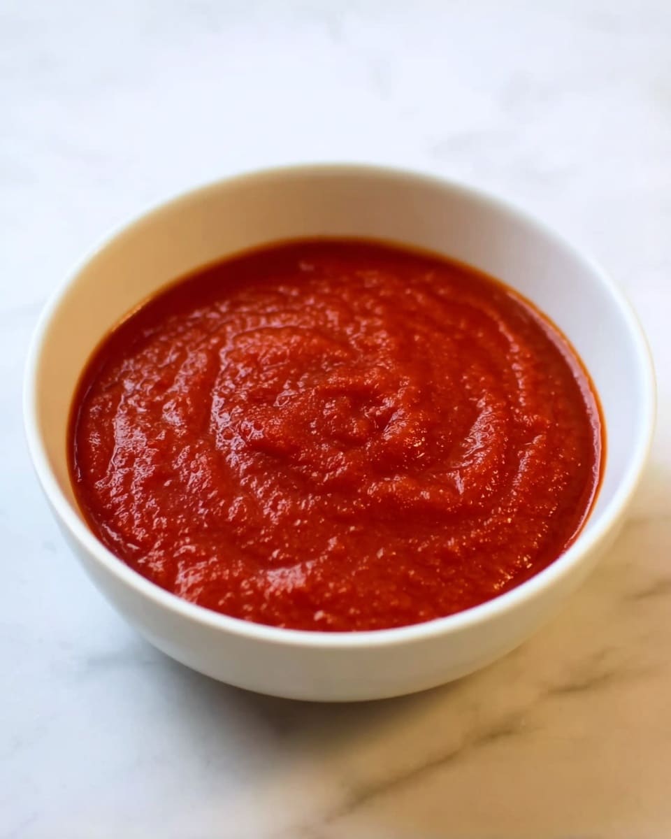 A white bowl filled with smooth red sauce that has a slightly thick texture and a shiny surface. The sauce is evenly spread inside the bowl with small lumps visible, showing it is freshly made. The bowl is placed on a white marbled surface. Photo taken with an iphone --ar 4:5 --v 7