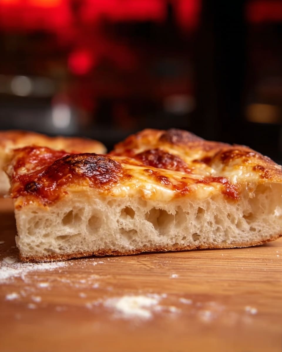 The image shows a close-up side view of a thick pizza slice with two main layers visible: a golden, slightly crispy cheese layer on top with brown spots and melted texture, and a soft, airy dough layer below that is light cream in color with a fluffy texture. The slice rests on a wooden surface with visible grains and small flour bits. The background is softly blurred with warm, out-of-focus red and dark tones. photo taken with an iphone --ar 4:5 --v 7