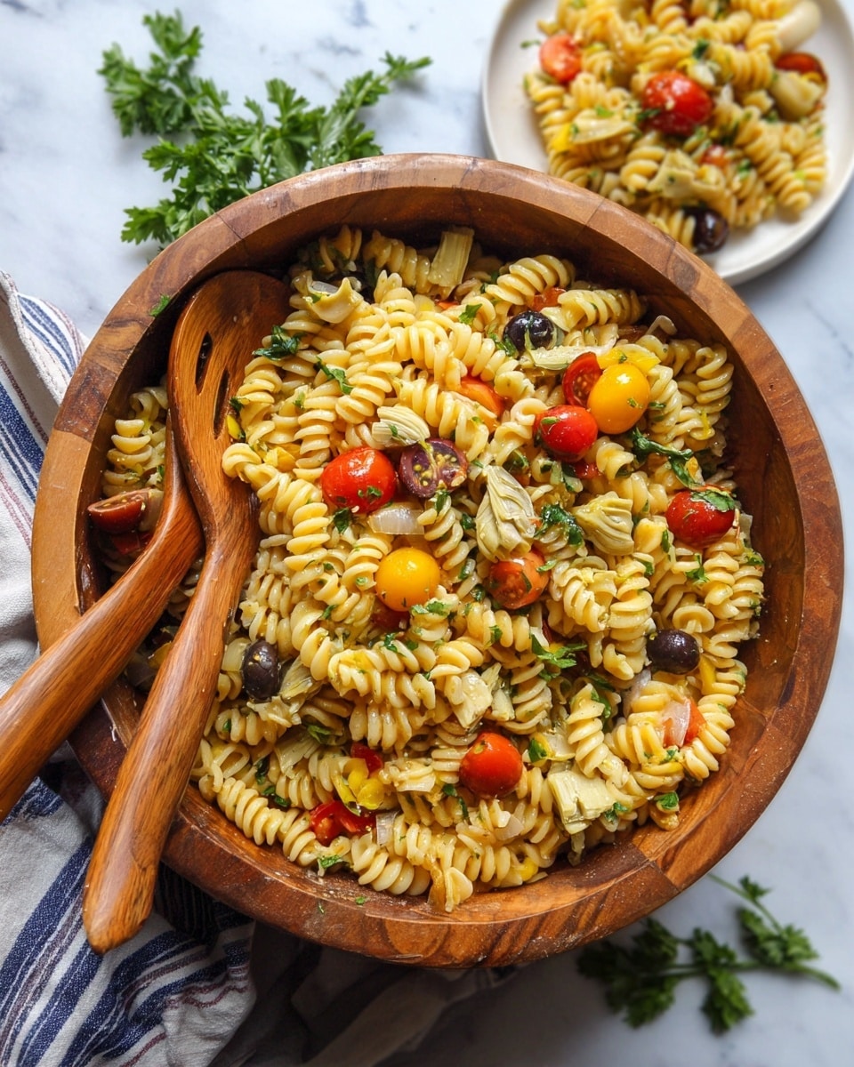 A large wooden bowl filled with three layers of yellow spiral pasta mixed with small red and yellow cherry tomato halves, dark sliced olives, green parsley pieces, and light artichoke chunks. Two wooden salad forks rest inside the bowl, with a striped cloth partially underneath on the side. Some fresh green parsley lies on the white marbled surface around the bowl, along with a small white plate holding a smaller portion of the same pasta salad. photo taken with an iphone --ar 4:5 --v 7