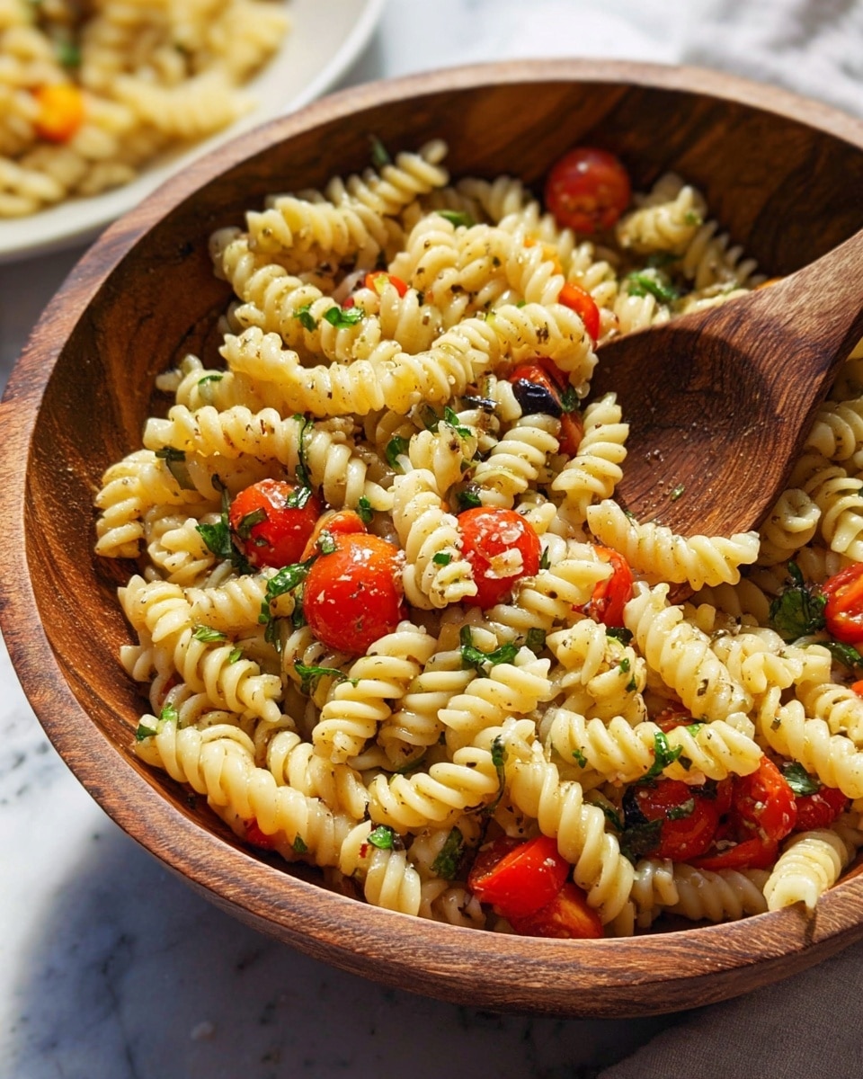 A close-up of a wooden bowl filled with pale yellow spiral pasta mixed with small red cherry tomatoes, dark sliced olives, and green leafy herbs scattered throughout. The pasta has a slightly glossy texture with visible specks of black pepper. A wooden serving spoon is partially dipped into the pasta on the right side. The bowl sits on a surface with a white marbled texture and a blurred white plate with more pasta can be seen in the background. Photo taken with an iphone --ar 4:5 --v 7