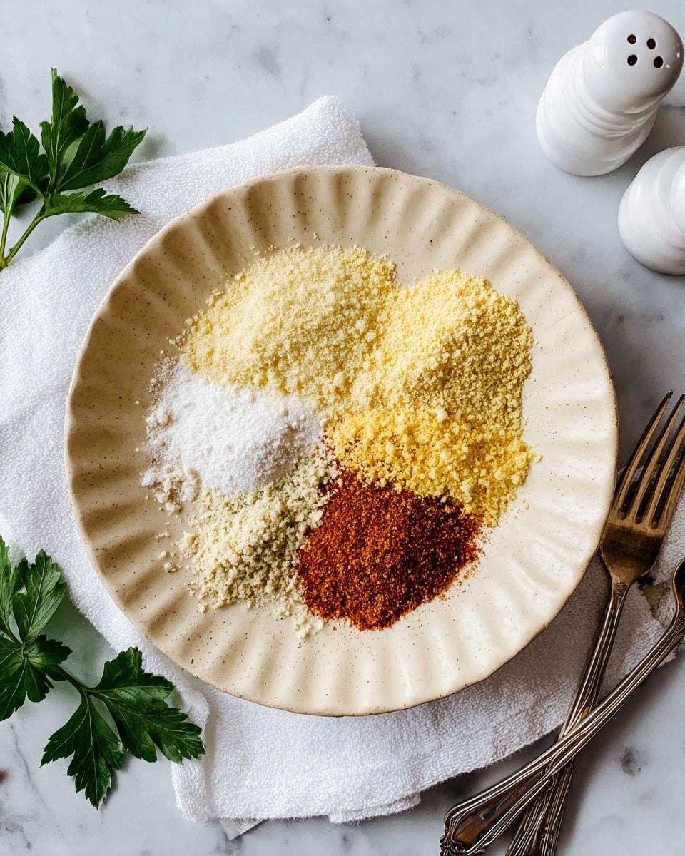 A white textured ceramic bowl sits on a white marbled surface with a white cloth napkin underneath. Inside the bowl, there are four separate piles of dry ingredients arranged in a circle: a white powder, a light yellow crumbly powder, a slightly darker yellow powder, and a reddish-brown granulated spice mix, each with distinct textures. Nearby, there is a green parsley leaf and two white salt and pepper shakers, while two forks rest on the right side of the cloth. photo taken with an iphone --ar 4:5 --v 7