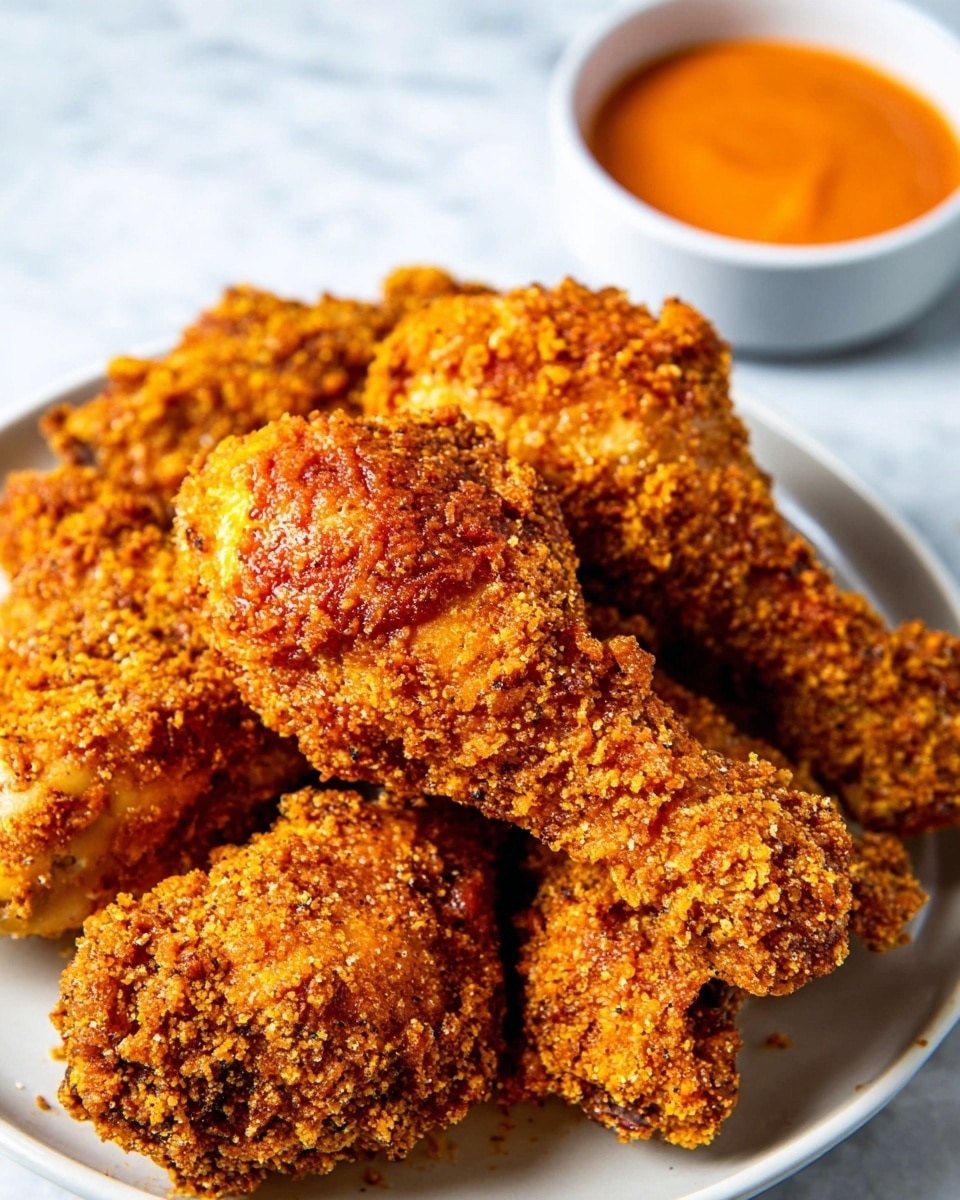 A close-up view of several crispy fried chicken drumsticks stacked on a white plate, each drumstick coated in a thick, crunchy orange-brown breading with visible seasoning specks. In the background, there is a small white bowl filled with bright orange dipping sauce that has a slightly creamy and smooth texture. The scene is set on a white marbled surface. photo taken with an iphone --ar 4:5 --v 7