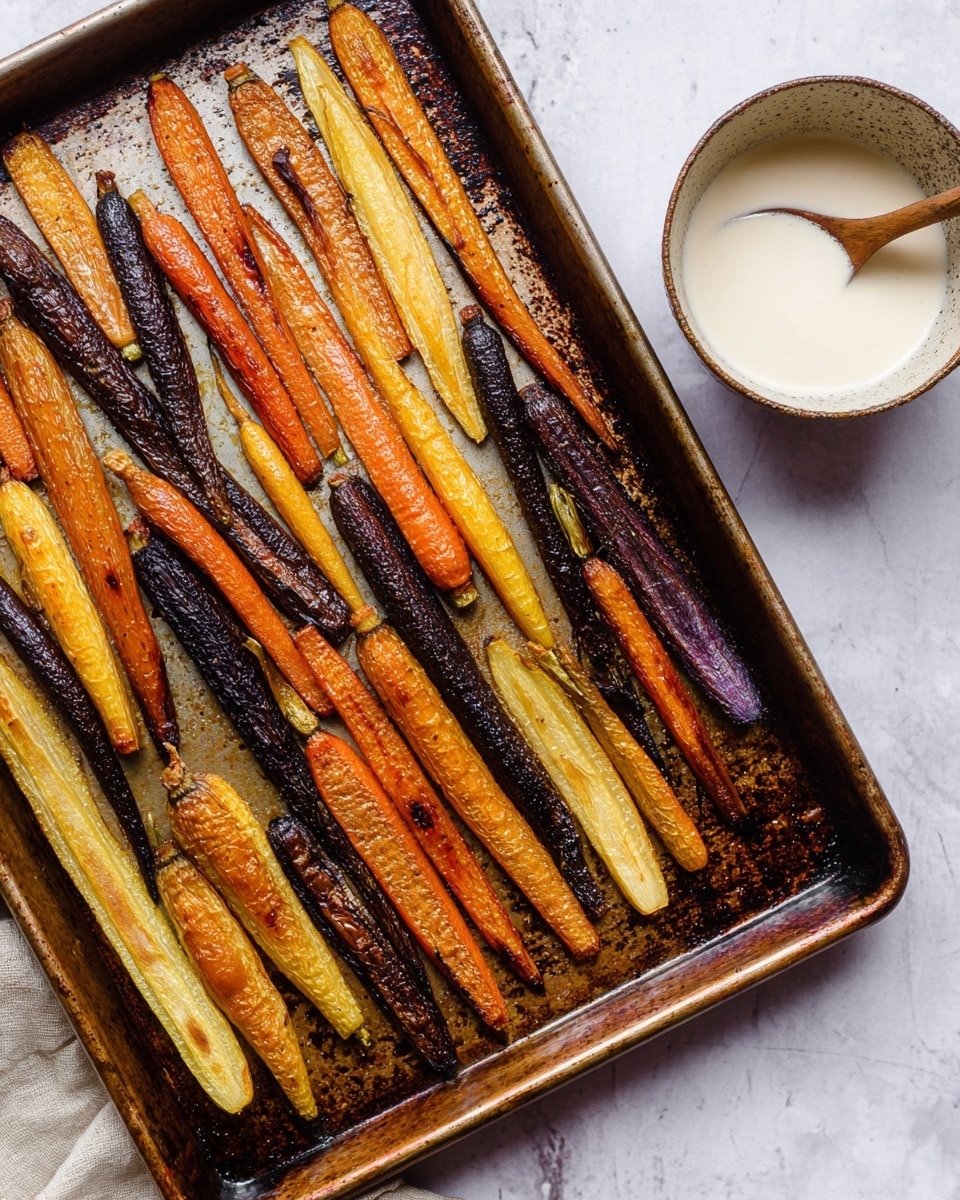 A metal baking tray holds one layer of roasted carrots of different sizes and colors and textures. The carrots range from deep purple to orange and pale yellow, with some showing charred or darker stripes along their length. The tray has brown caramelized spots from roasting, adding a rustic look. On the right side, a round white bowl with a thick creamy sauce is partly visible on a white marbled surface. The overall scene looks bright and warm, showing the roasted carrots in rich, natural colors photo taken with an iphone --ar 4:5 --v 7