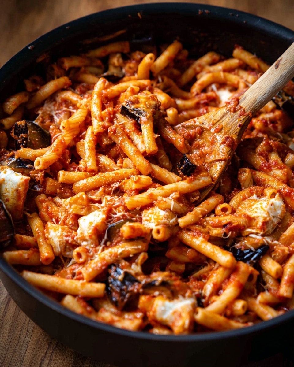 A close-up view of a black pan filled with a thick mix of short pasta noodles coated in a rich red tomato sauce. Scattered throughout are chunks of white melted cheese and dark pieces of eggplant, all mixed well. A wooden spoon is scooping through the pasta, showing some sauce and cheese stuck on it. The pan sits on a wooden surface. photo taken with an iphone --ar 4:5 --v 7