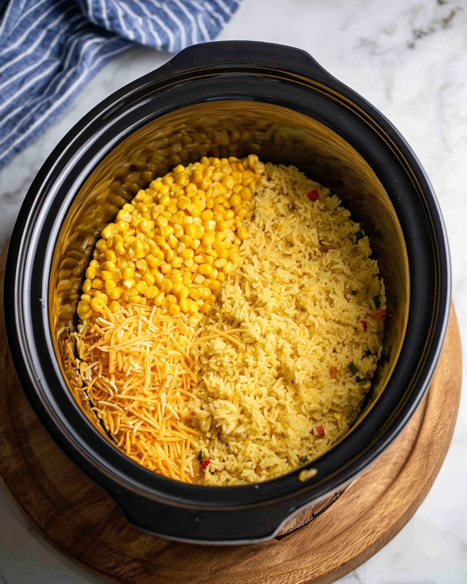 Inside a black slow cooker, there are three layers side by side: on the left, bright yellow corn kernels; in the middle, a layer of shredded light orange cheese; and on the right, a pile of yellow seasoned rice with small bits of red and green vegetables mixed in. The slow cooker is placed on a light brown wooden board, and the background is a white marbled surface with a blue and white striped cloth partially visible at the top. Photo taken with an iphone --ar 4:5 --v 7